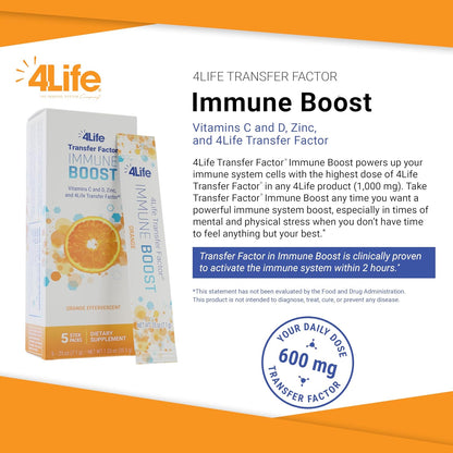 4Life Transfer Factor Immune Boost Mezcla para Bebida Sabor Naranja, 5 Sobres