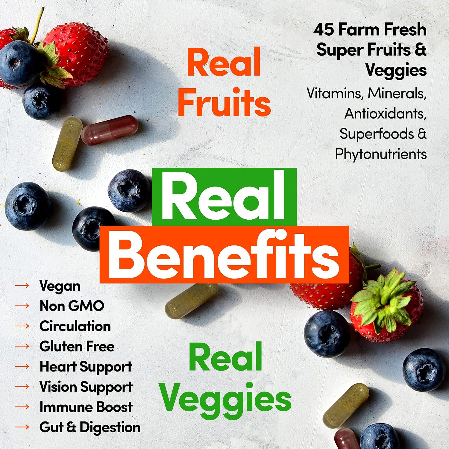Country Farms Suplemento de Frutas y Verduras, 180 Cápsulas de Fruta y 180 de Verdura, Superalimentos Verdes y Rojos, Antioxidantes, 60 Dosis