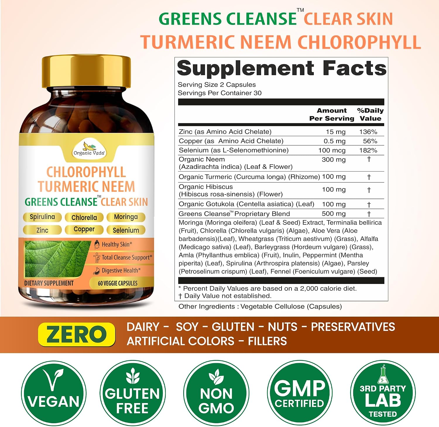 Organic Veda Chlorophyll Turmeric Neem - Suplemento para Piel Limpia con Zinc y Cobre, 60 Cápsulas