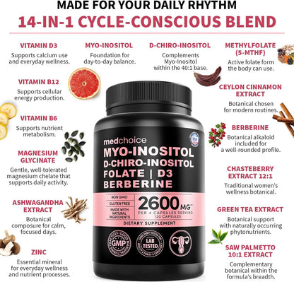 14-en-1 Complejo de Inositol para Mujer – 40:1 Myo & D-Chiro Inositol con Folato, Vitamina D3, Zinc, Magnesio y Botánicos – 120 Cápsulas (Pack de 3)