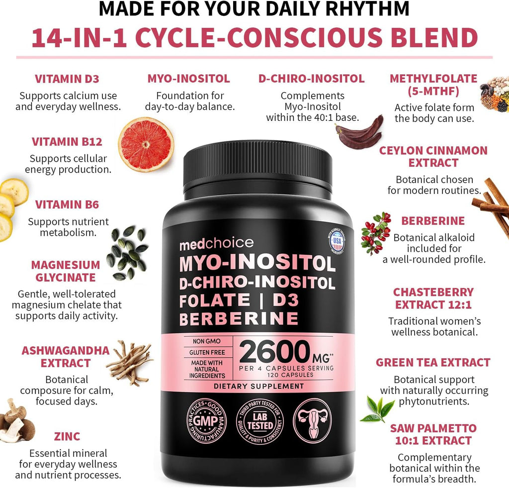 Complejo Inositol 14-en-1 Mujer – 40:1 Myo & D-Chiro con Folato, Vitamina D3, Zinc, Magnesio y Botánicos – 120 Cápsulas (Pack de 4)