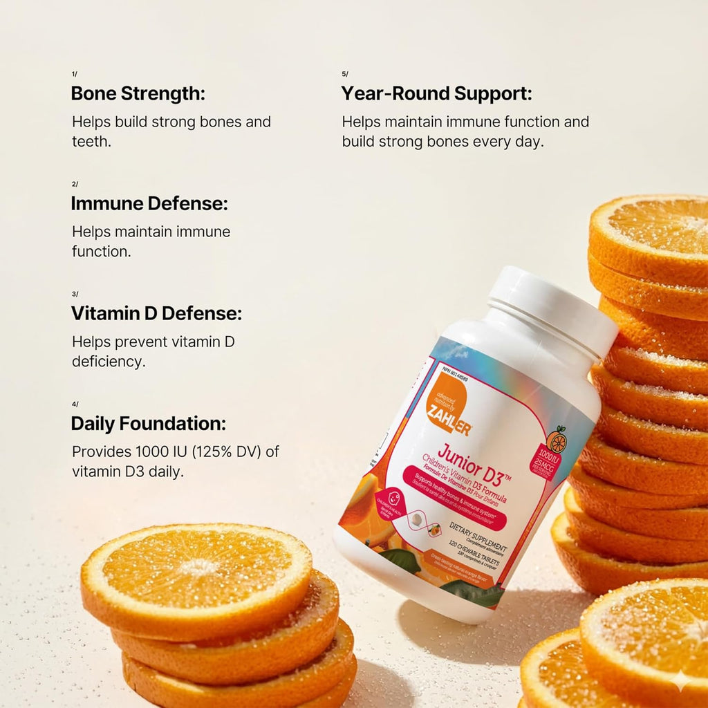 Zahler Junior D3 - 120 Comprimidos Masticables de Vitamina D3 (1000 UI) Sabor Naranja