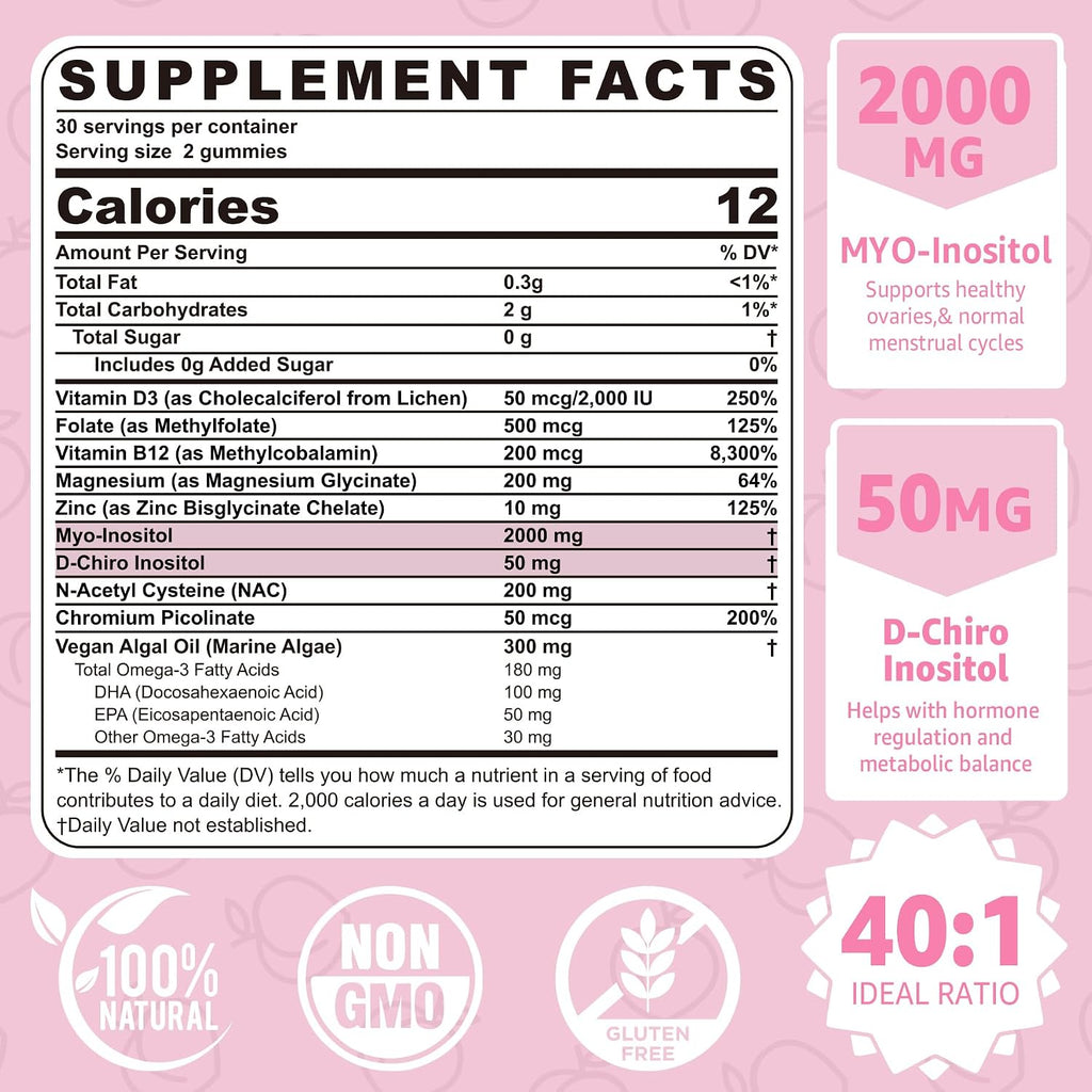 Myo-Inositol & D-Chiro Inositol Gummies 2000mg + 50mg, Ratio 40:1, con Omega-3 Vegano, D3, Magnesio Glicinato, Metilfolato + B12, Sin Azúcar, 120 uds