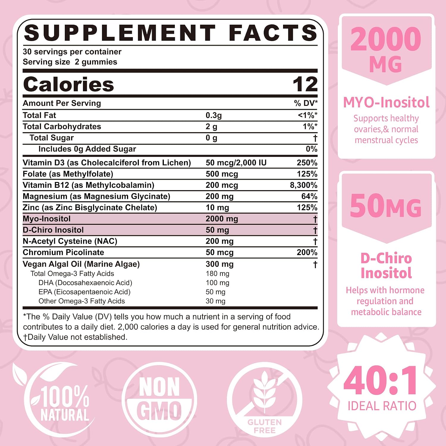 Myo-Inositol & D-Chiro Inositol Gummies 2000mg + 50mg, Ratio 40:1, con Omega-3 Vegano, D3, Magnesio Glicinato, Metilfolato + B12, Sin Azúcar, 120 uds