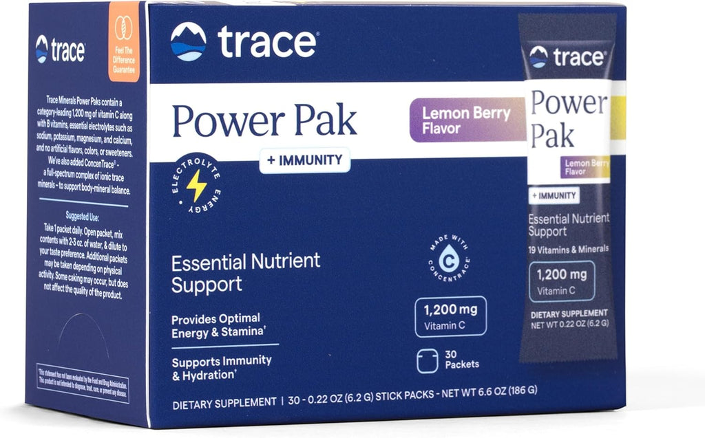 Trace Minerals Power Pak Immunity - Sobres Multivitamínicos y Multiminerales - Apoyo de Electrolitos - 1200 mg de Vitamina C Sabor Limón Baya - 30 Sobres