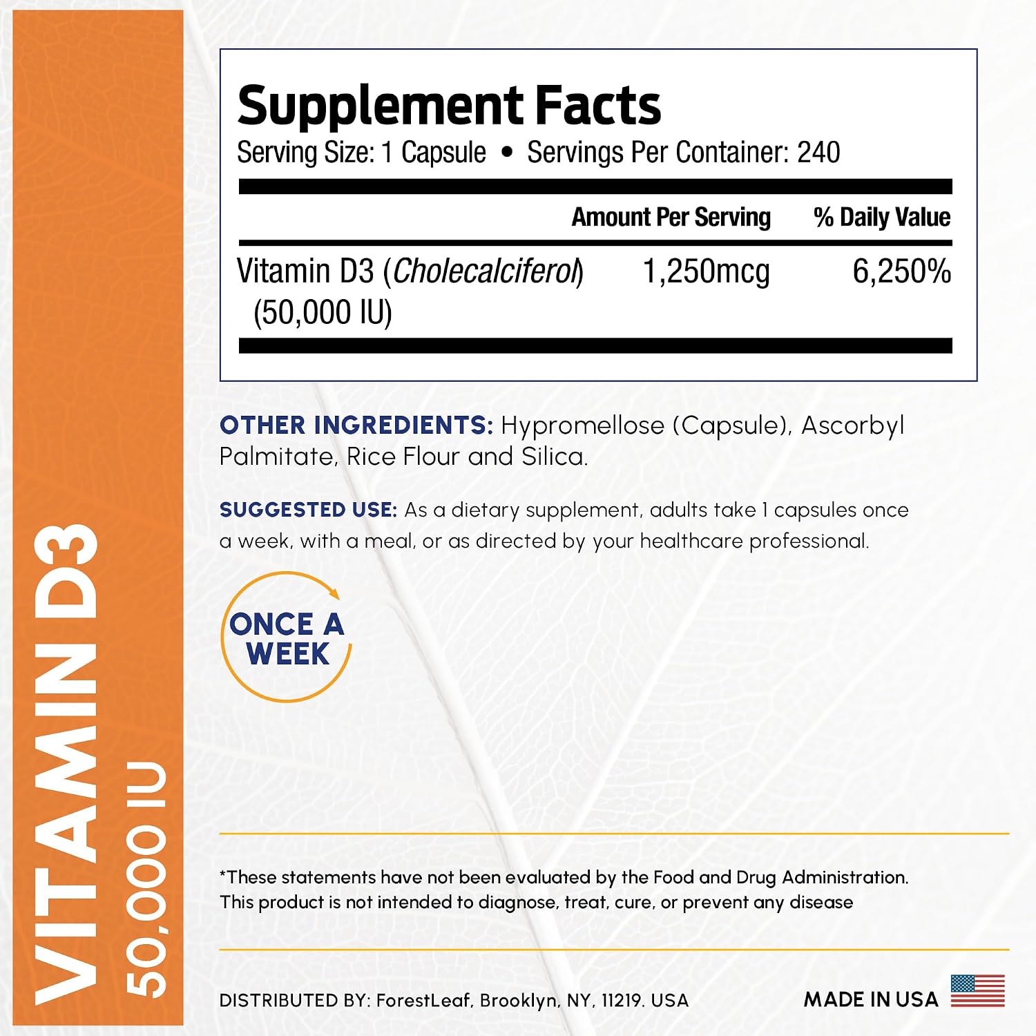 ForestLeaf Vitamina D3 50,000 UI | Suplemento de Vitamina D3 para Hombres y Mujeres | Salud Ósea, Dientes, Apoyo Inmunológico | Fácil de Tragar | Dosis Semanal, 240 Cápsulas (4 Años de Suministro)