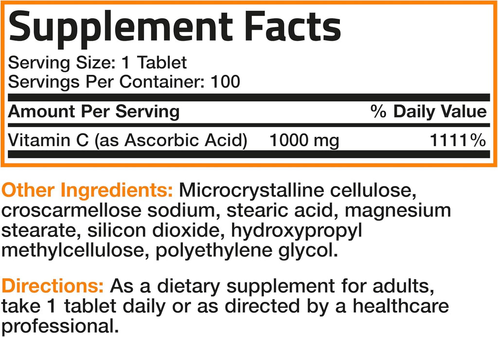 Bronson Vitamina C 1000 mg - Ácido Ascórbico Premium Sin OGM, 100 Comprimidos