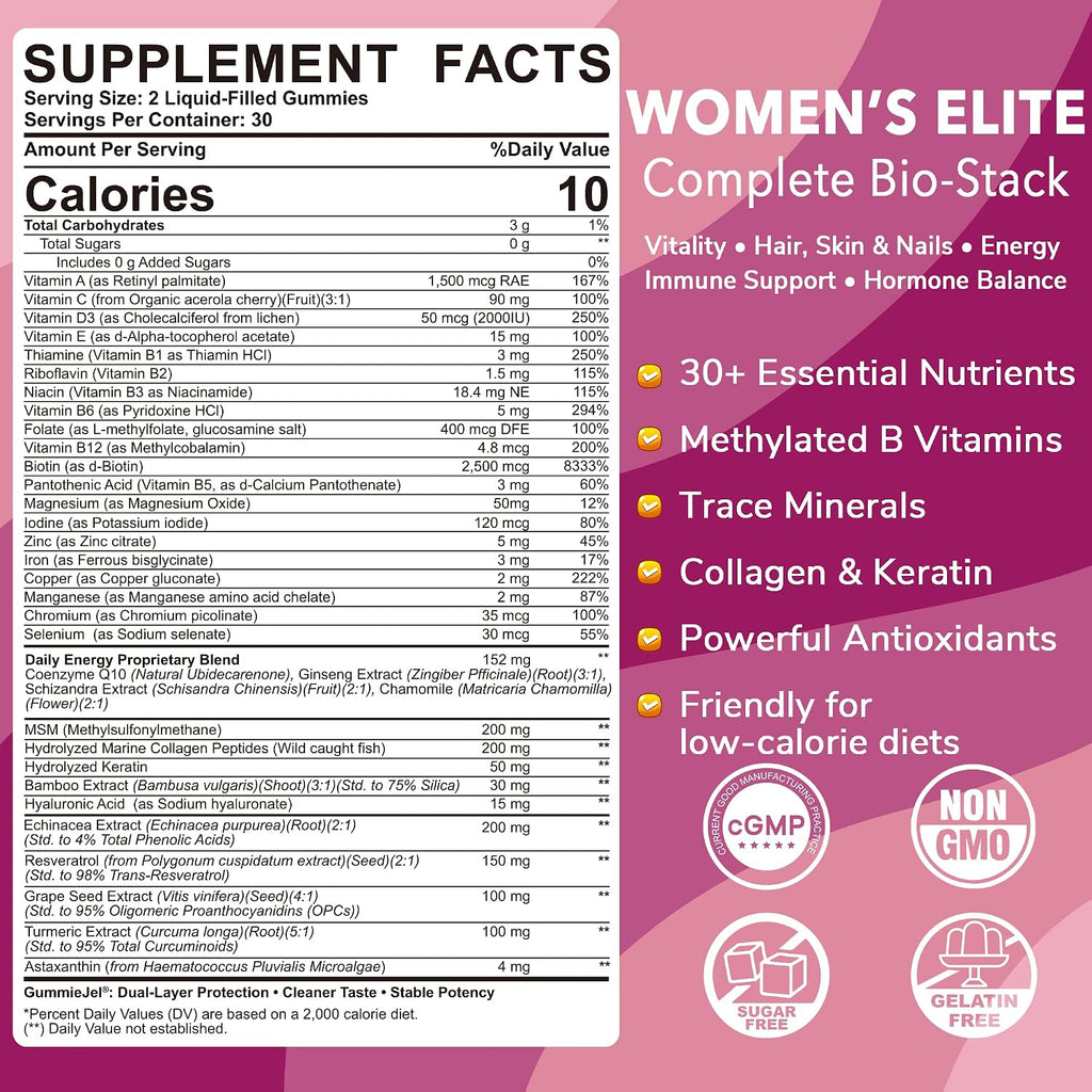 LILICARE Multivitamínico para Mujeres Gominolas - Sin Azúcar, Con Metilfolato, Biotina y Colágeno
