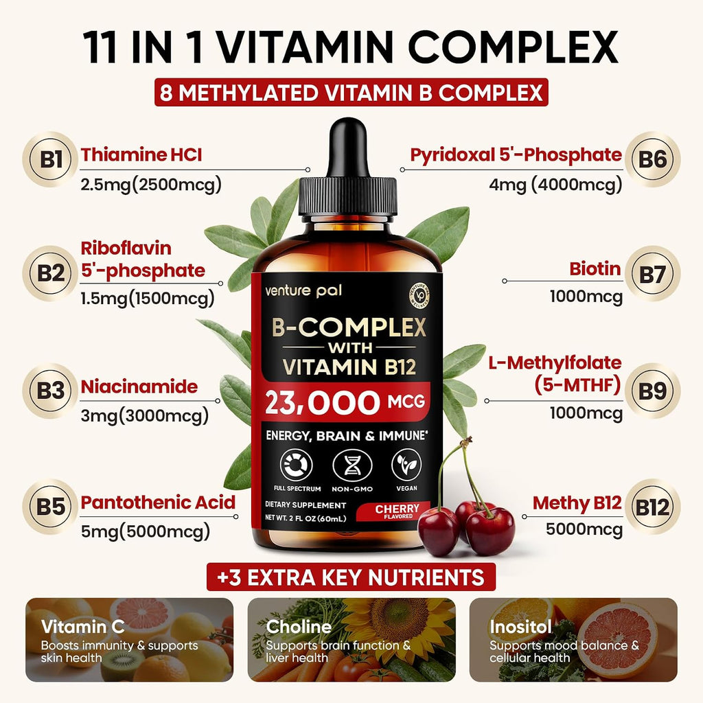 Venture Pal Complejo B en Gotas Líquidas con Metilcobalamina, Folato, Vitaminas B1-B7, Vitamina C, Colina e Inositol