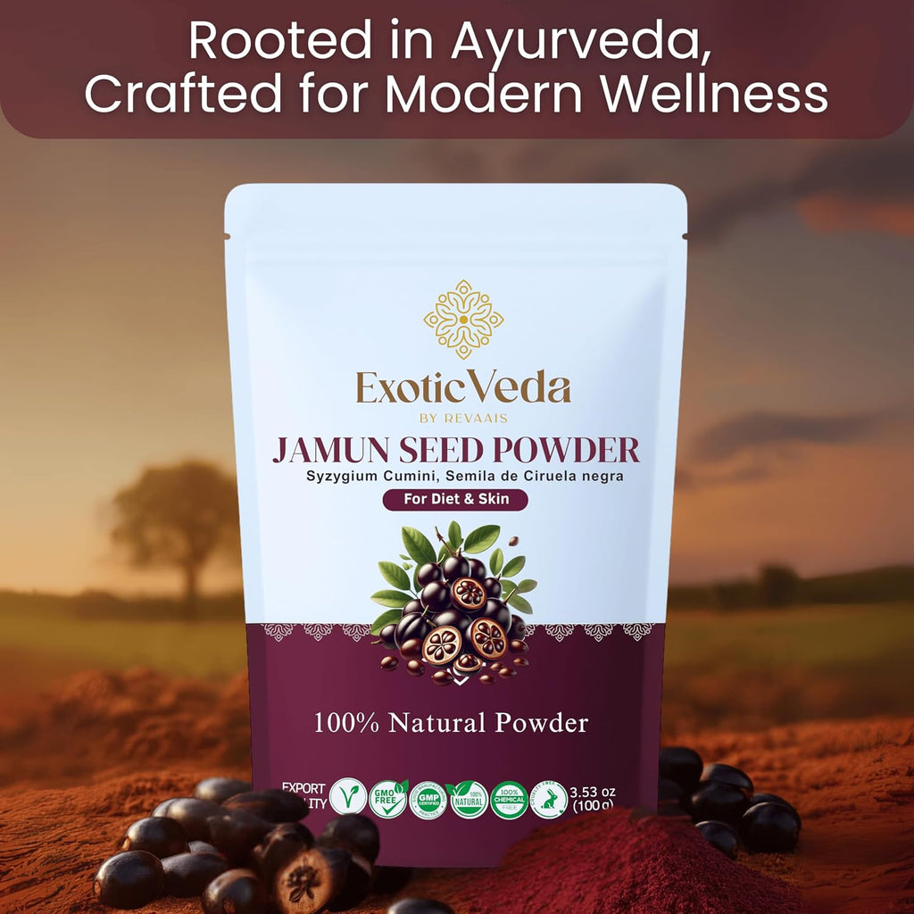 Exotic Veda Polvo de Semillas de Jamun – 100% Puro (Eugenia Jambolana) | Vegano, Sin Gluten, No Transgénico | Para Batidos, Cocina y Mascarillas – 100g