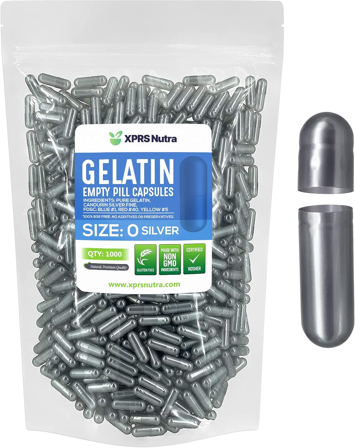 XPRS Nutra Cápsulas Vacías Tamaño 0 - 1000 Unidades - Cápsulas de Gelatina Bovina para Rellenar - Cápsulas para Suplementos Caseros (Plata)