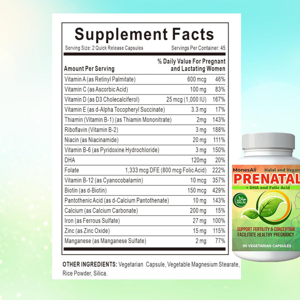 Vitaminas Prenatales para Mujeres | Postnatal | Vegano, Halal Sin Gelatina | con Folato, Hierro y Biotina | Apoyo para el Embarazo, Energía Postparto y Salud Capilar, 90 Cápsulas