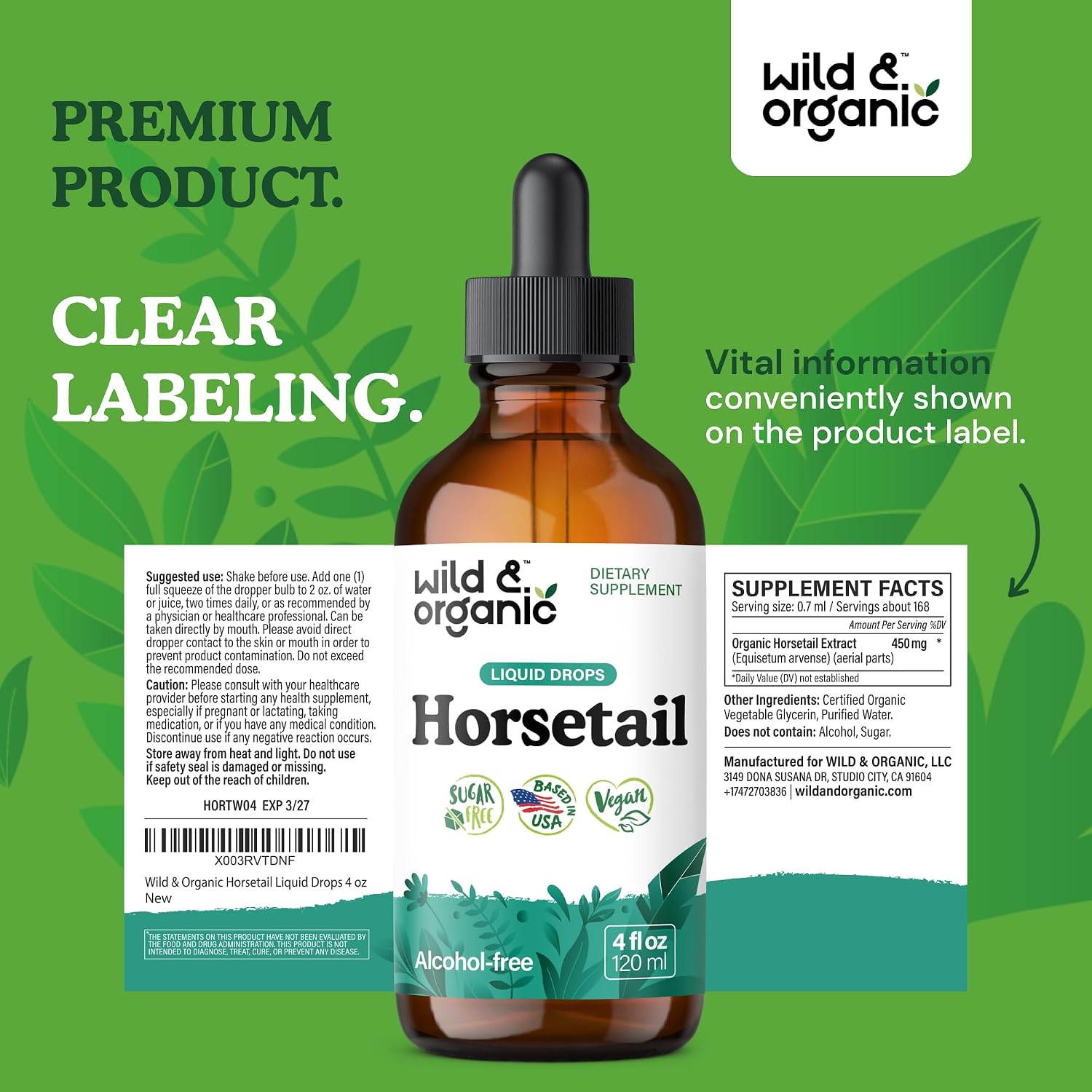 Wild & Organic Tintura de Cola de Caballo - Apoyo para Cabello, Piel y Uñas - Suplemento Líquido Vegano sin Alcohol - 118 ml