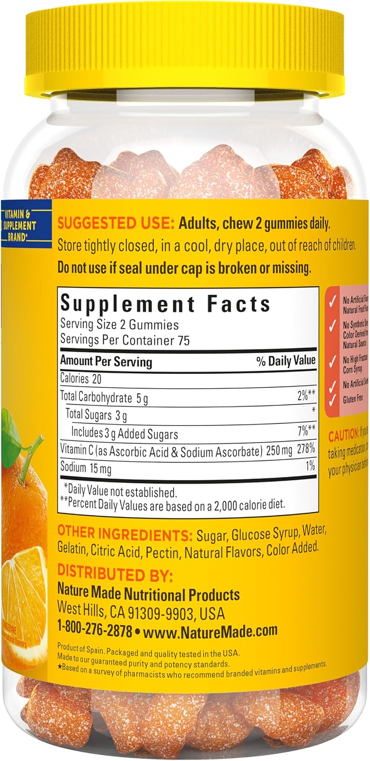 Nature Made Vitamina C Gummies 250mg por ración, 150 Gominolas, 75 Días