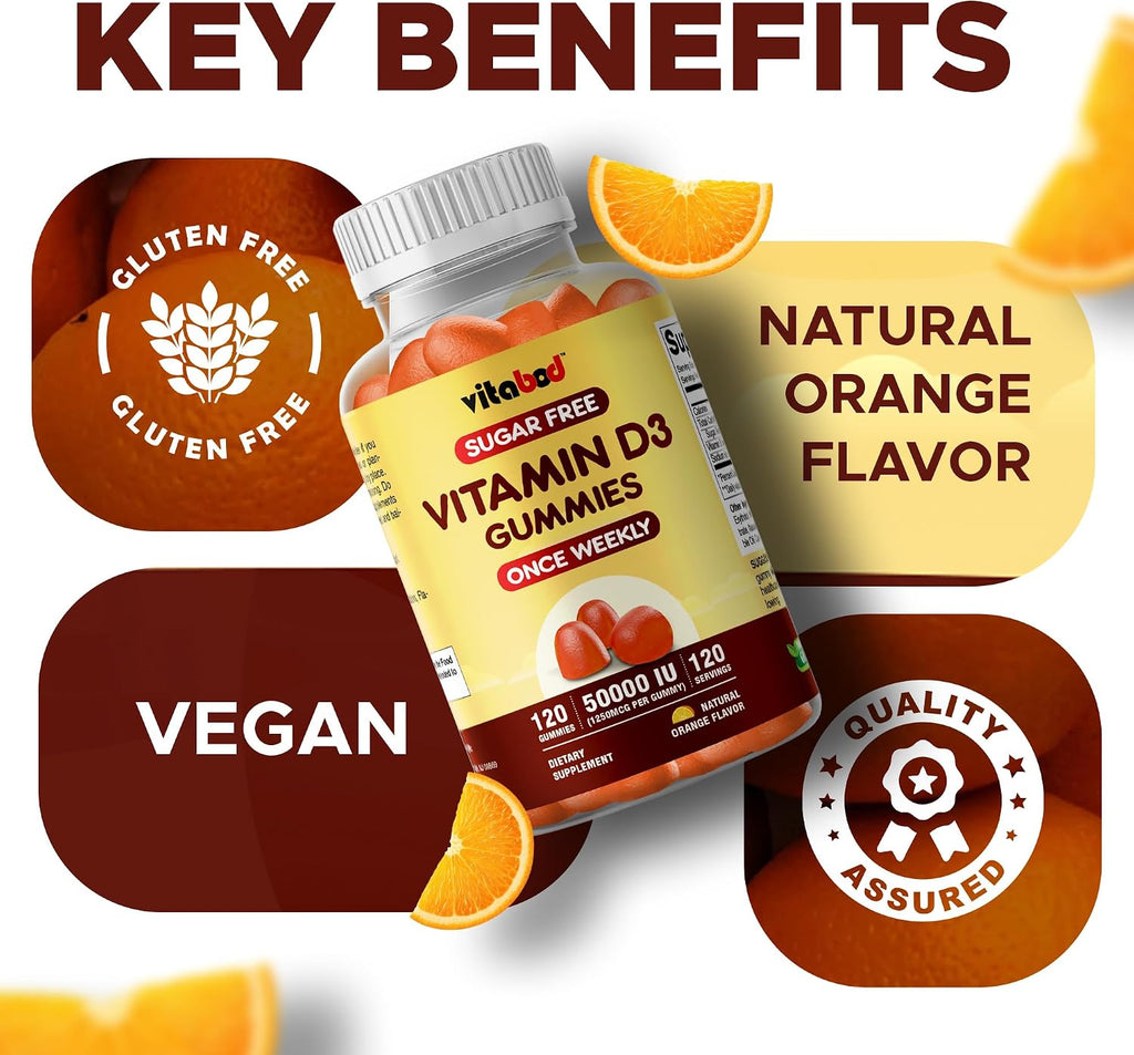 Vitabod Gominolas de Vitamina D3 sin Azúcar, 50.000 UI Semanales – 120 unidades – Apoyo para Huesos, Dientes y Sistema Inmunitario – Sin OGM, Fácil de Masticar