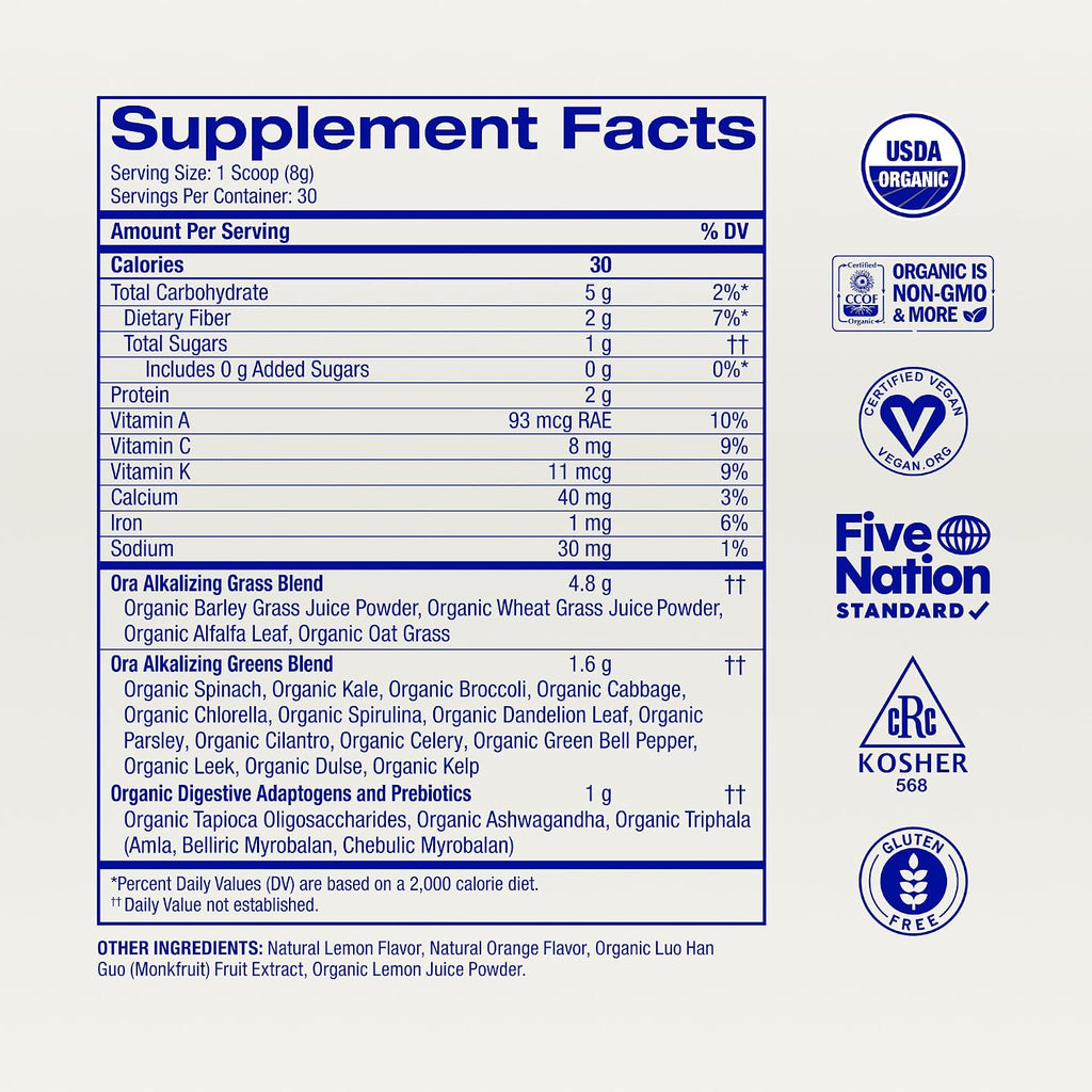 Ora Organic Polvo de Superalimentos Verdes - Vegano, Orgánico, Sin Gluten, Mezcla de 20+ Superalimentos con Adaptógenos - Sabor Cítrico, 30 Porciones
