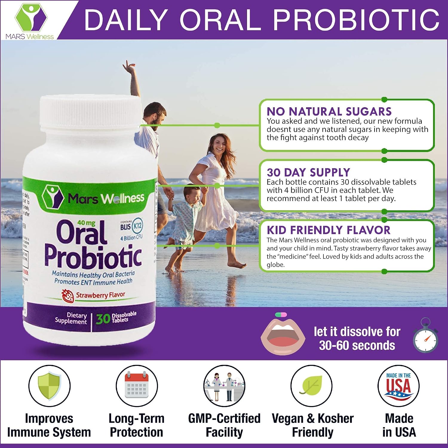 Mars Wellness Probiótico Oral con BLIS K12 - 4 Mil Millones UFC - Sin Lácteos y Sin Azúcar - 60 Cápsulas