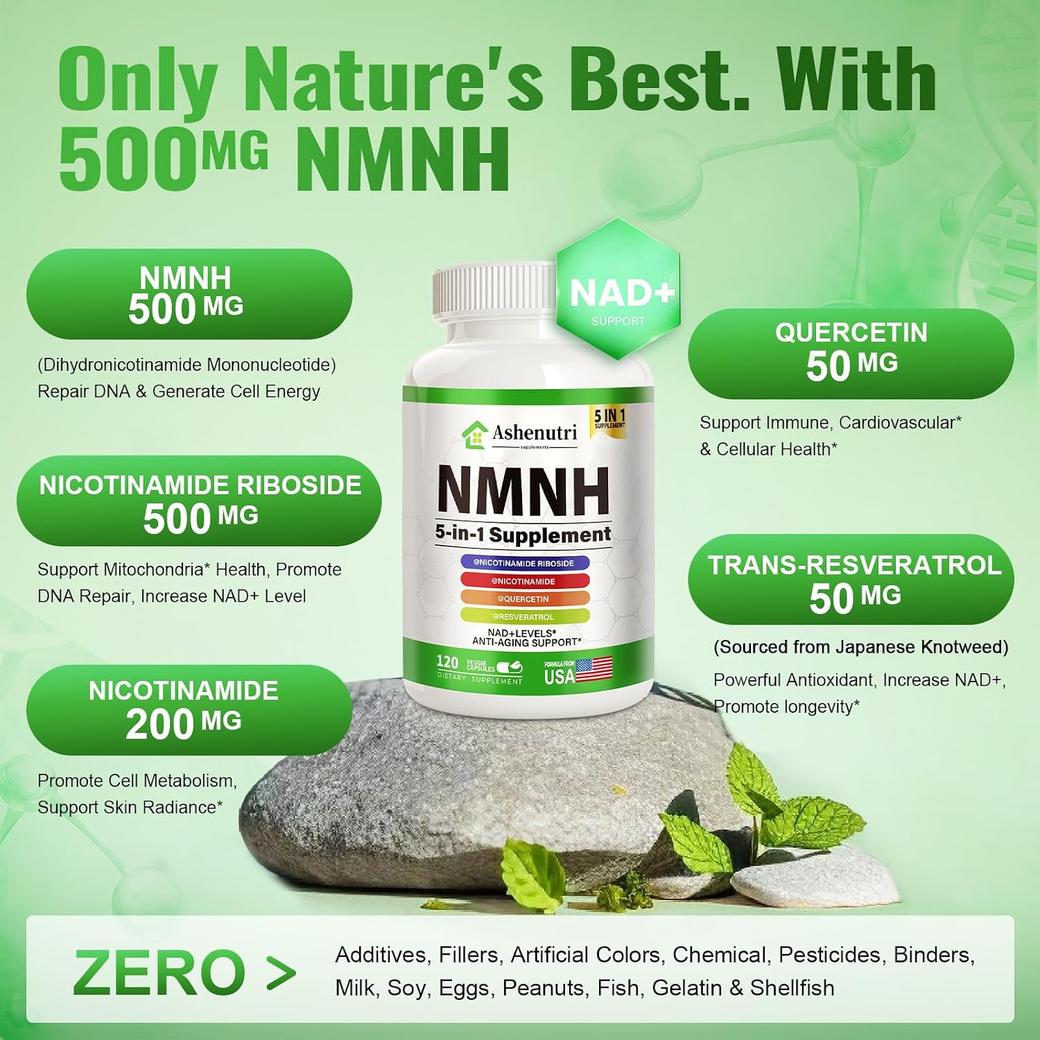 NMNH (Dihidronicotinamida Mononucleótido) con Niacinamida, Quercetina y Resveratrol - Apoyo NAD+ - 120 Cápsulas