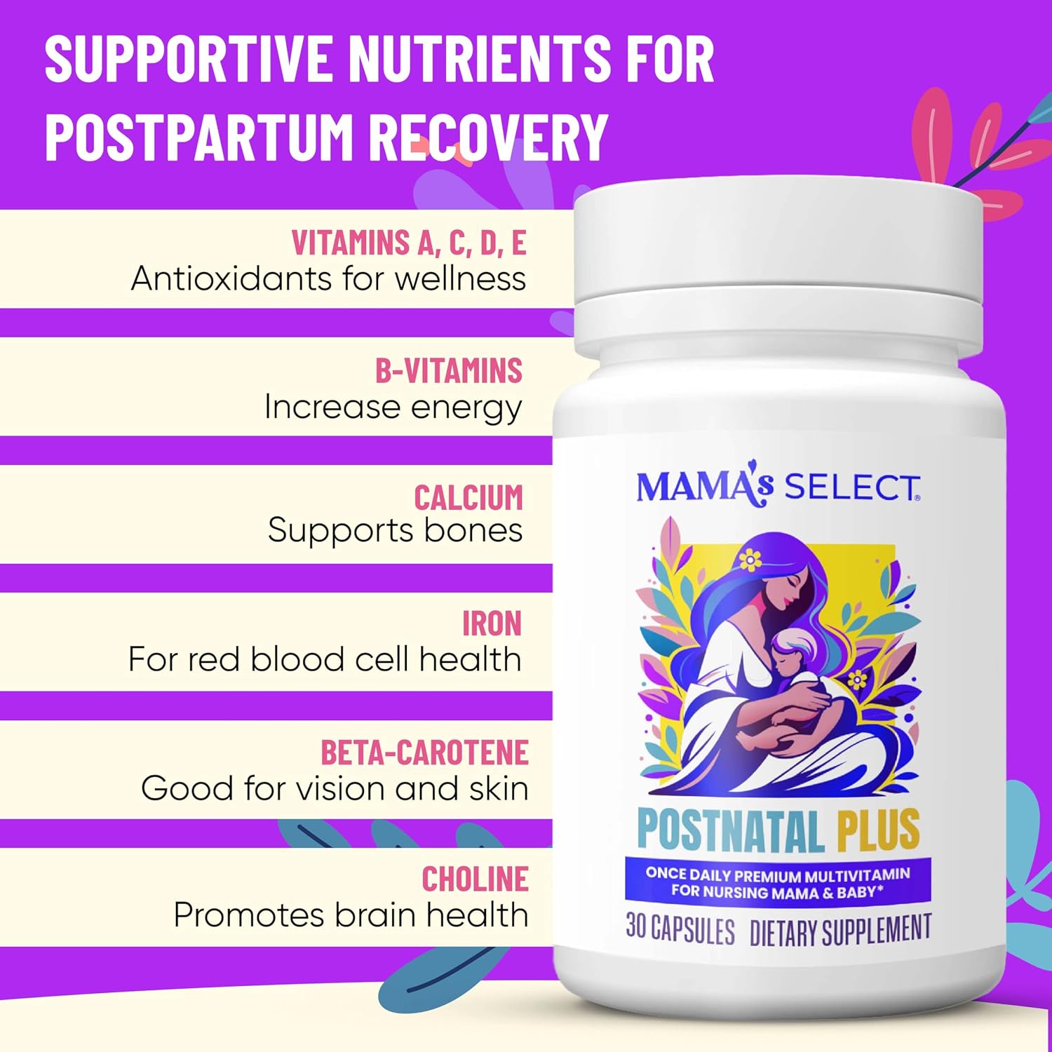 Mama's Select Vitaminas Postnatales – Multivitamínico Postparto, 30 Cápsulas