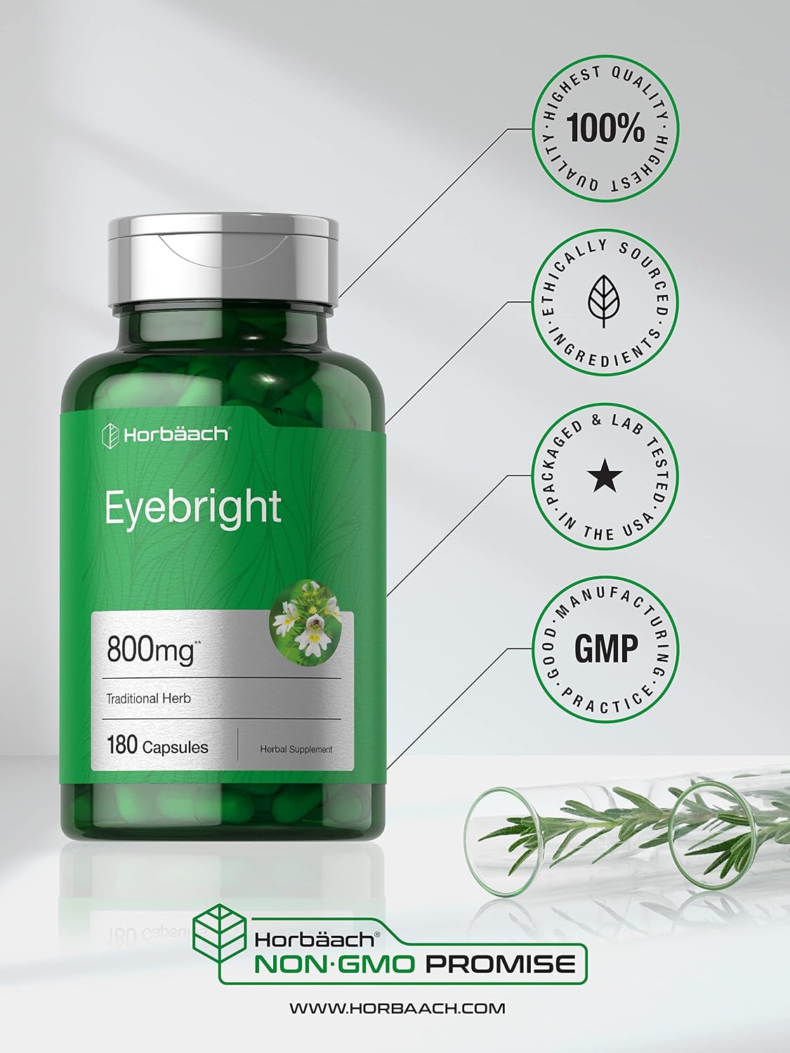 Horbäach Suplemento Herbal de Eyebright | 180 Cápsulas | Sin OGM, Sin Gluten