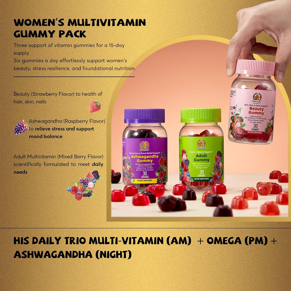 Women's Multivitamin Gummy Pack, 3 Support for Hair Skin Nails Sleep Daily Health, Vitamins A, D, C, E, Biotin, Ashwagandha, Folic Acid, Adult Chewable Vitamin, Berry Flavor, 15 Day Supply - 90 Count