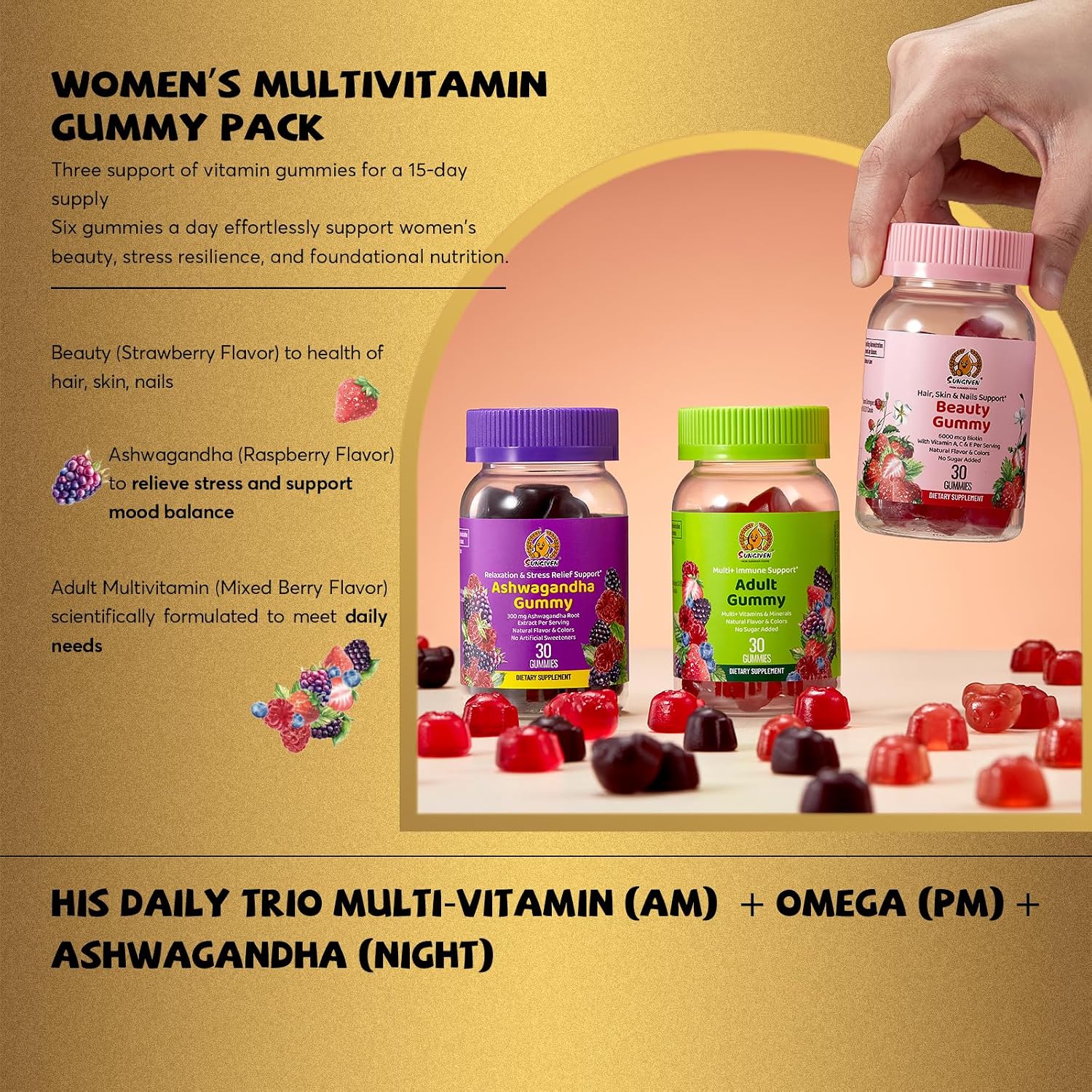 Women's Multivitamin Gummy Pack, 3 Support for Hair Skin Nails Sleep Daily Health, Vitamins A, D, C, E, Biotin, Ashwagandha, Folic Acid, Adult Chewable Vitamin, Berry Flavor, 15 Day Supply - 90 Count
