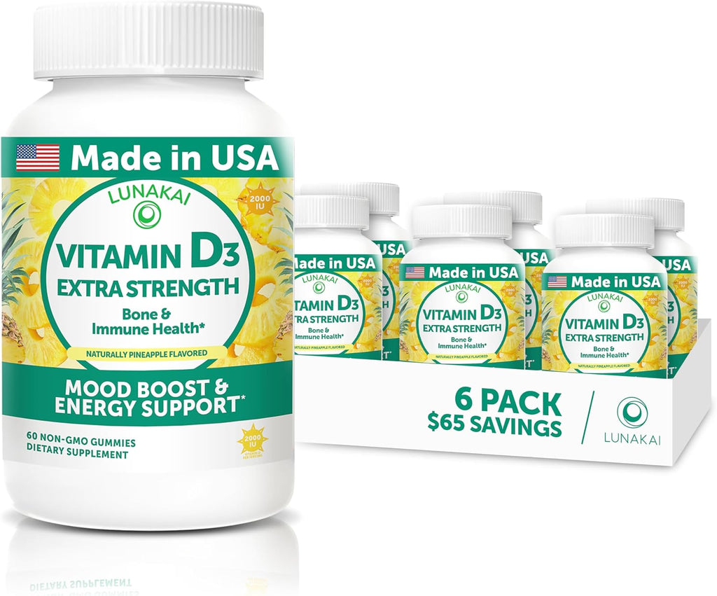 Lunakai Gominolas de Vitamina D3 2000 UI - Sin OGM, Sin Gluten - Pack de 6 (60 Gominolas por Envase)