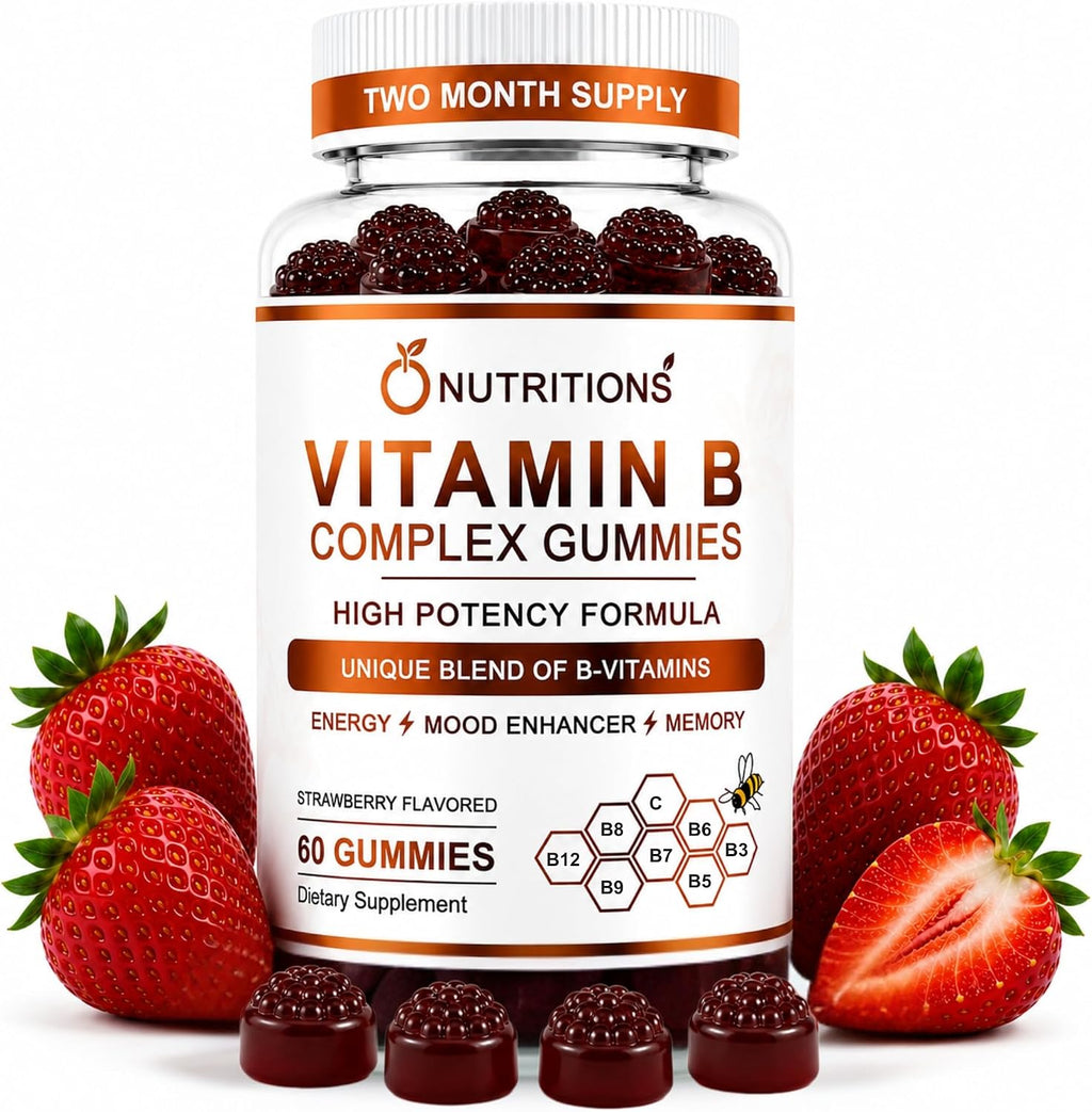 O NUTRITIONS Complejo B en Gominolas para Mujeres y Hombres - Vitamina B12, Biotina, Folato, Vitamina C - Energía, Estado de Ánimo, Memoria - Cabello, Piel y Uñas - Gominolas Veganas de Fresa, 60 unidades