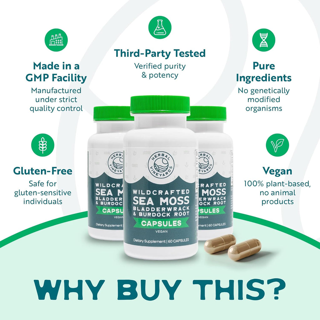 Herbal Vineyards Musgo Marino, Fucus y Bardana Orgánico 1500mg - 120 Cápsulas (Pack de 2)