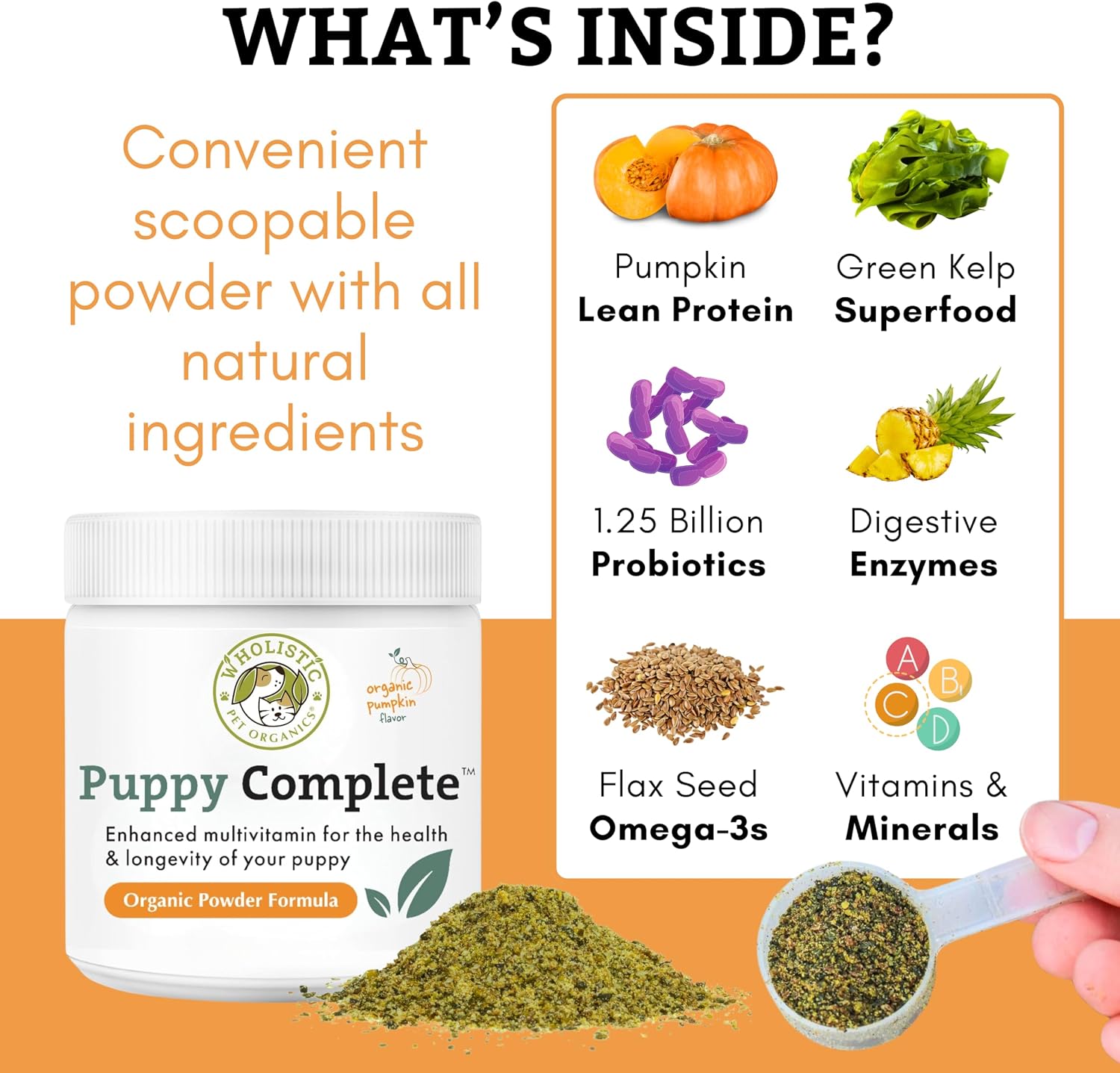 Wholistic Pet Organics Puppy Complete - Multivitamínico en polvo para cachorros (45 dosis)