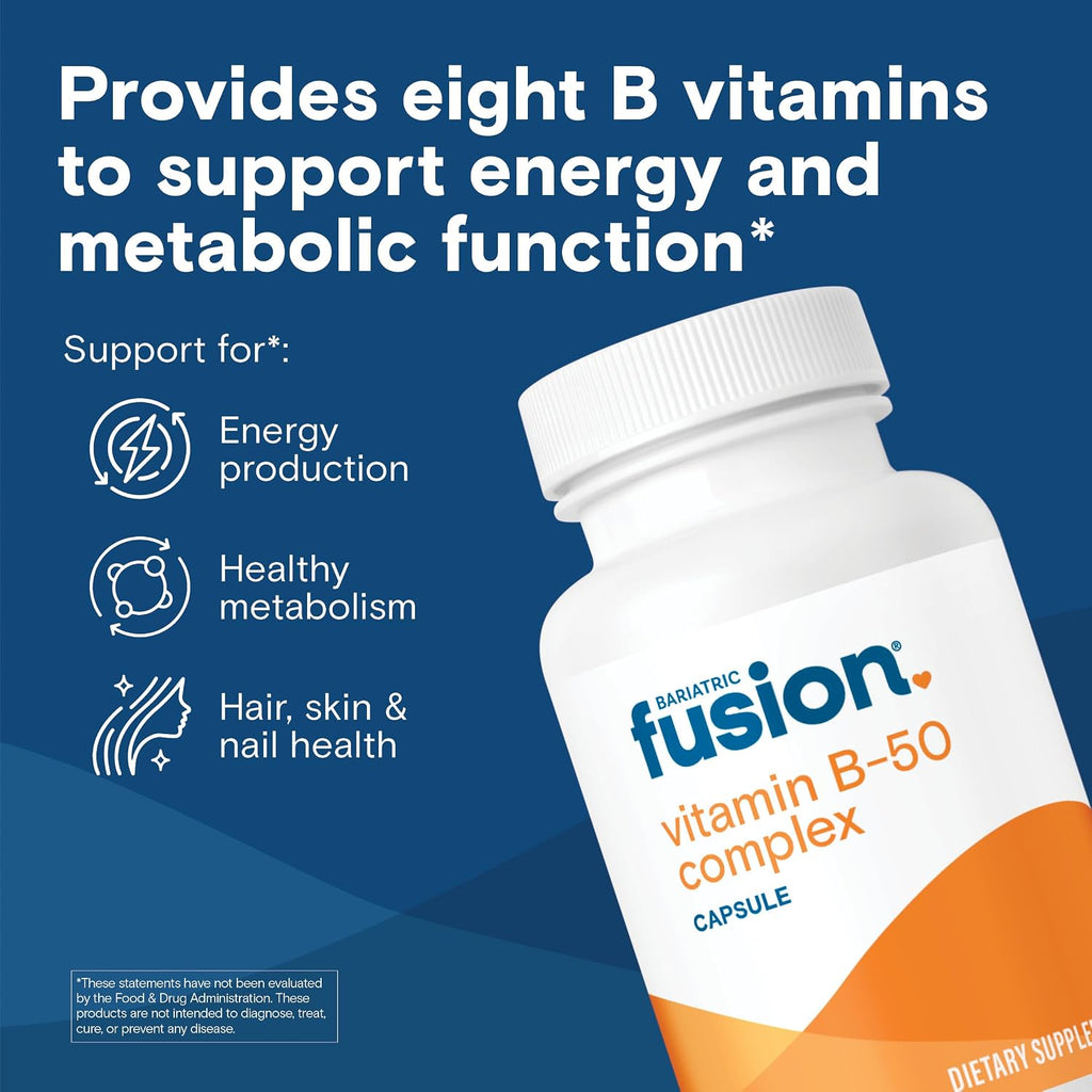 Bariatric Fusion B-50 Complex | Vegan B Vitamins for Women and Men | Easy-to-Swallow Capsules | 8 B Vitamins Including B12 | 90 Capsules | 3-Month Supply