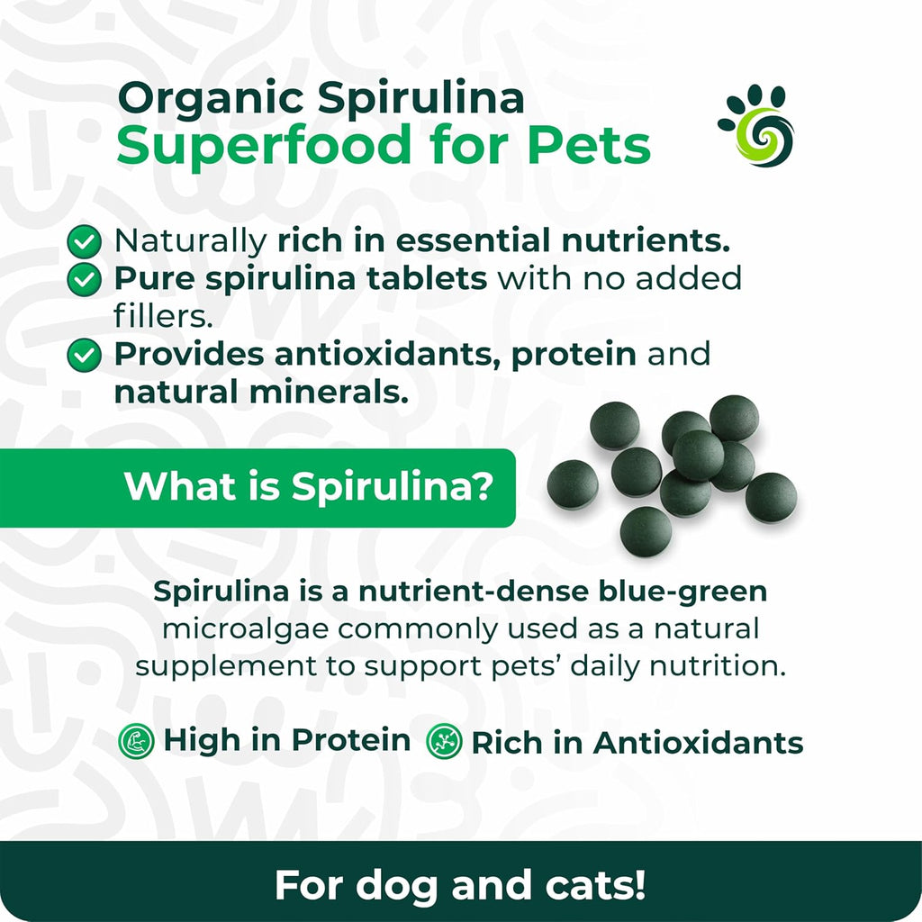 SPIRU PAW Comprimidos de Espirulina para Perros y Gatos - Complemento Natural con Microalgas - 60 Comprimidos