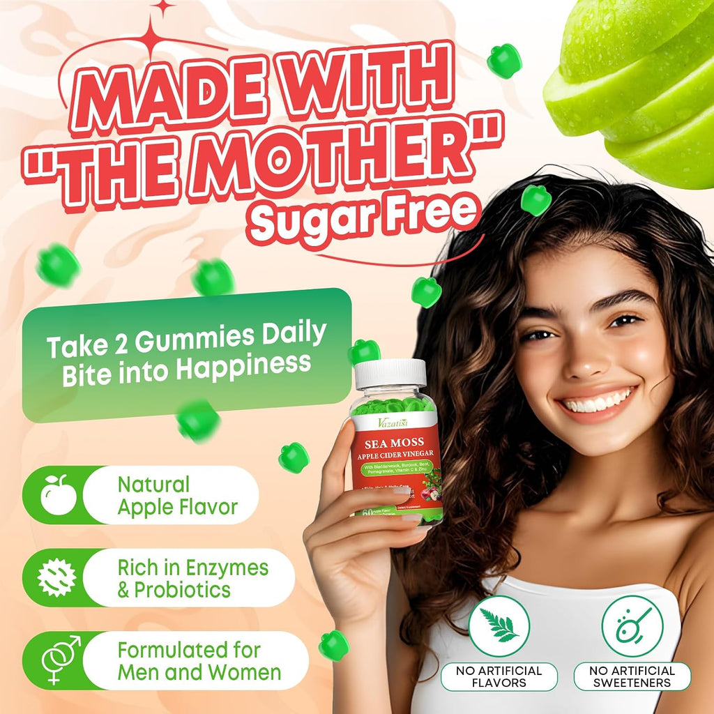 Vazatisi Gomitas de Vinagre de Manzana con Sea Moss, 120 unidades (2x60) - Sabor Manzana