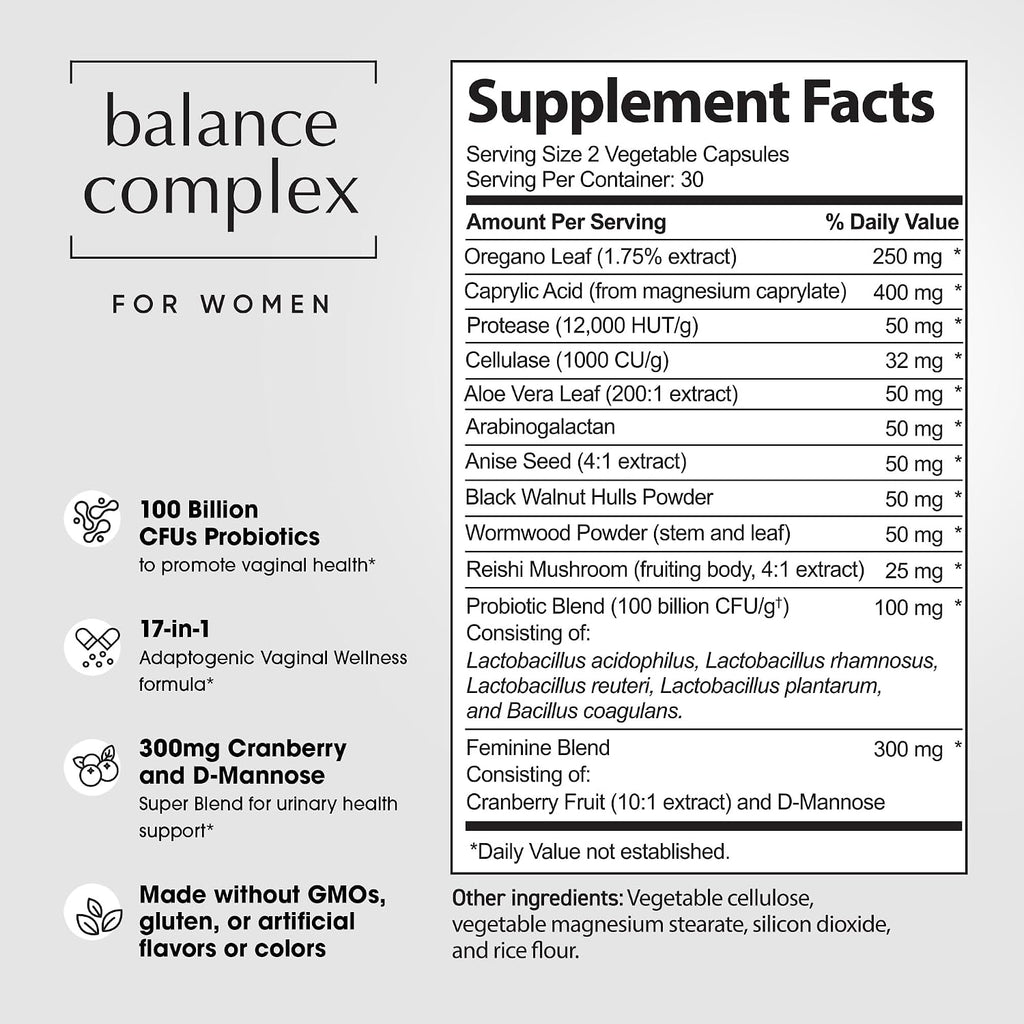 Balance Complex 17-en-1 Salud Vaginal Probióticos 100 mil millones con Arándano Rojo y D-Manosa, 60 Cápsulas