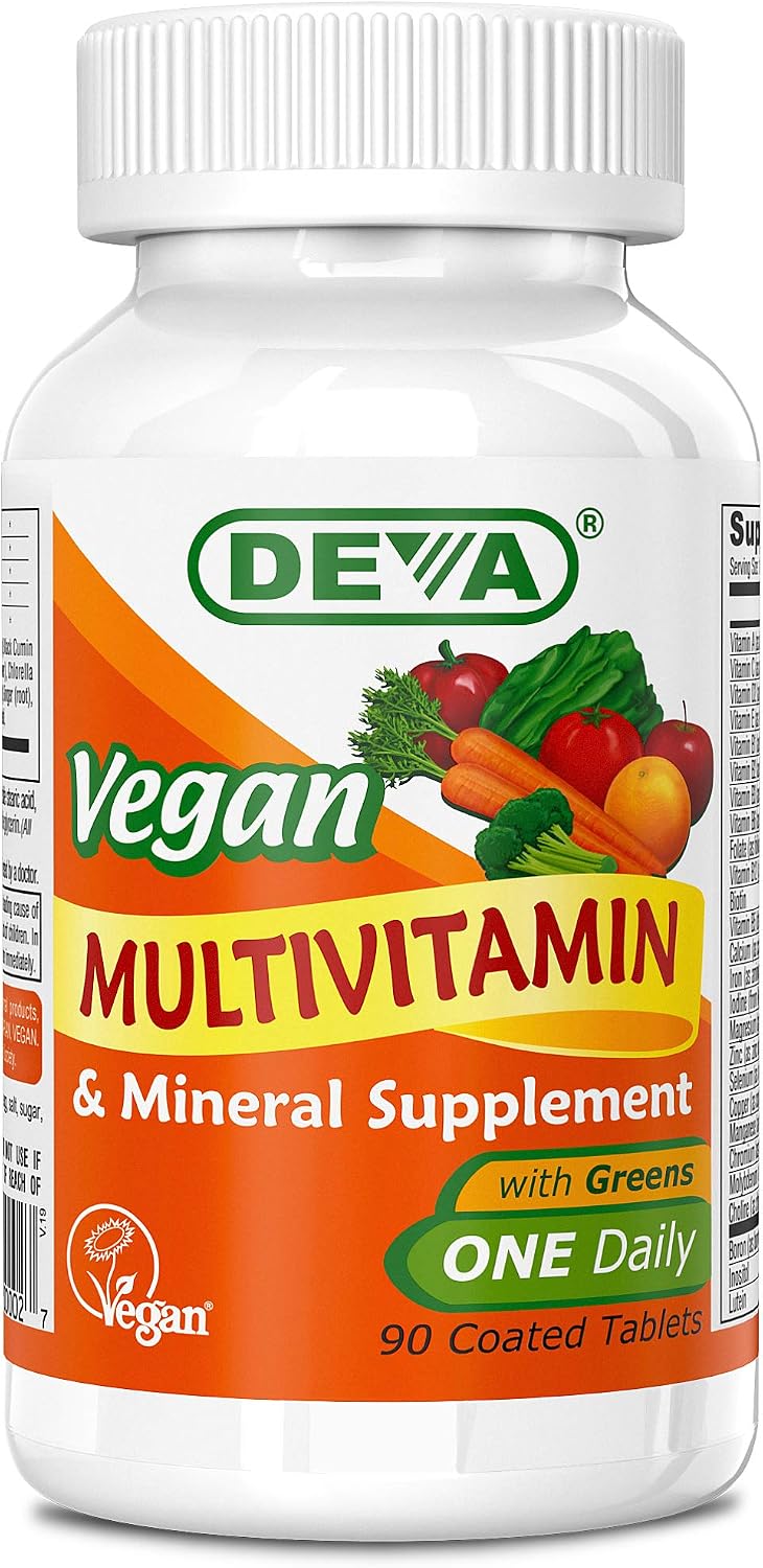 Deva Vegan Multivitamin & Mineral Supplement - Once Daily Formula with Greens - Vitamins A, C, D, E, B Complex - 90 Coated Tablets