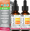 NUSAVA Vitamina D3 K2 Líquida Orgánica con Omega-3 - 5000 UI D3, 120 mcg K2 - 2 Pack (60 ml cada uno) Sabor Fresa