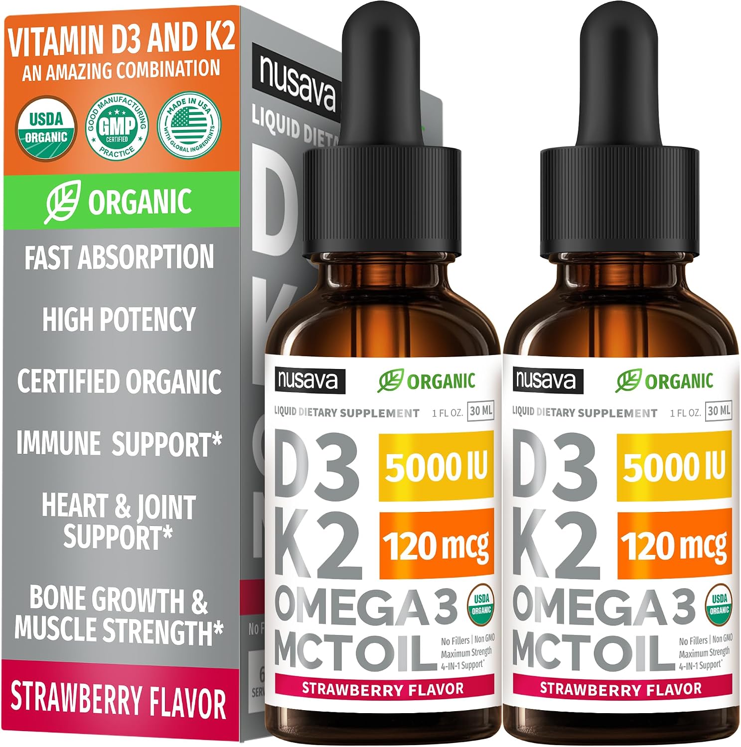 NUSAVA Vitamina D3 K2 Líquida Orgánica con Omega-3 - 5000 UI D3, 120 mcg K2 - 2 Pack (60 ml cada uno) Sabor Fresa