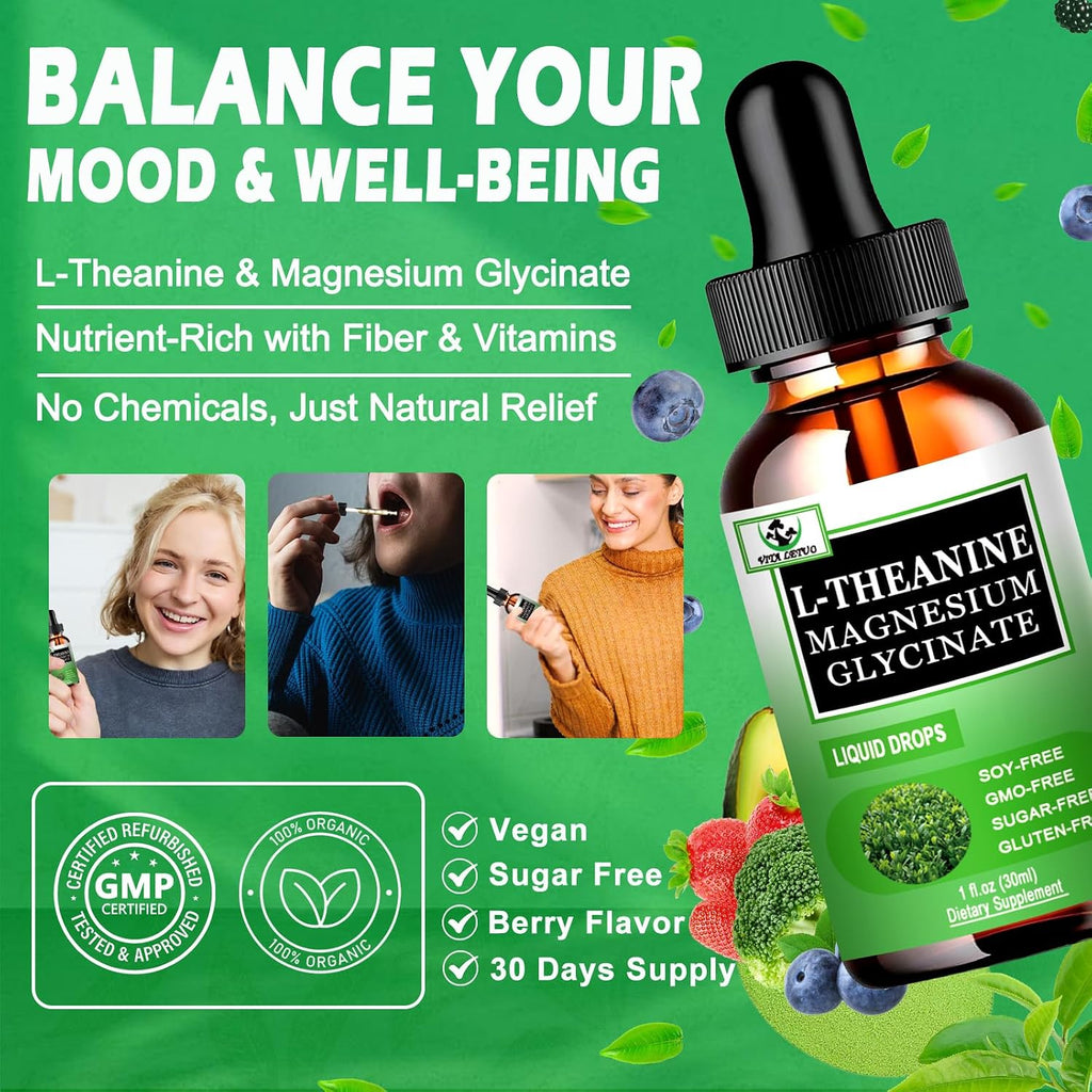 Vita letuo L-Theanine Drops 200mg con Magnesio Glicinato, Vitaminas y Fibra – Suplemento Líquido para la Relaxación y el Sueño