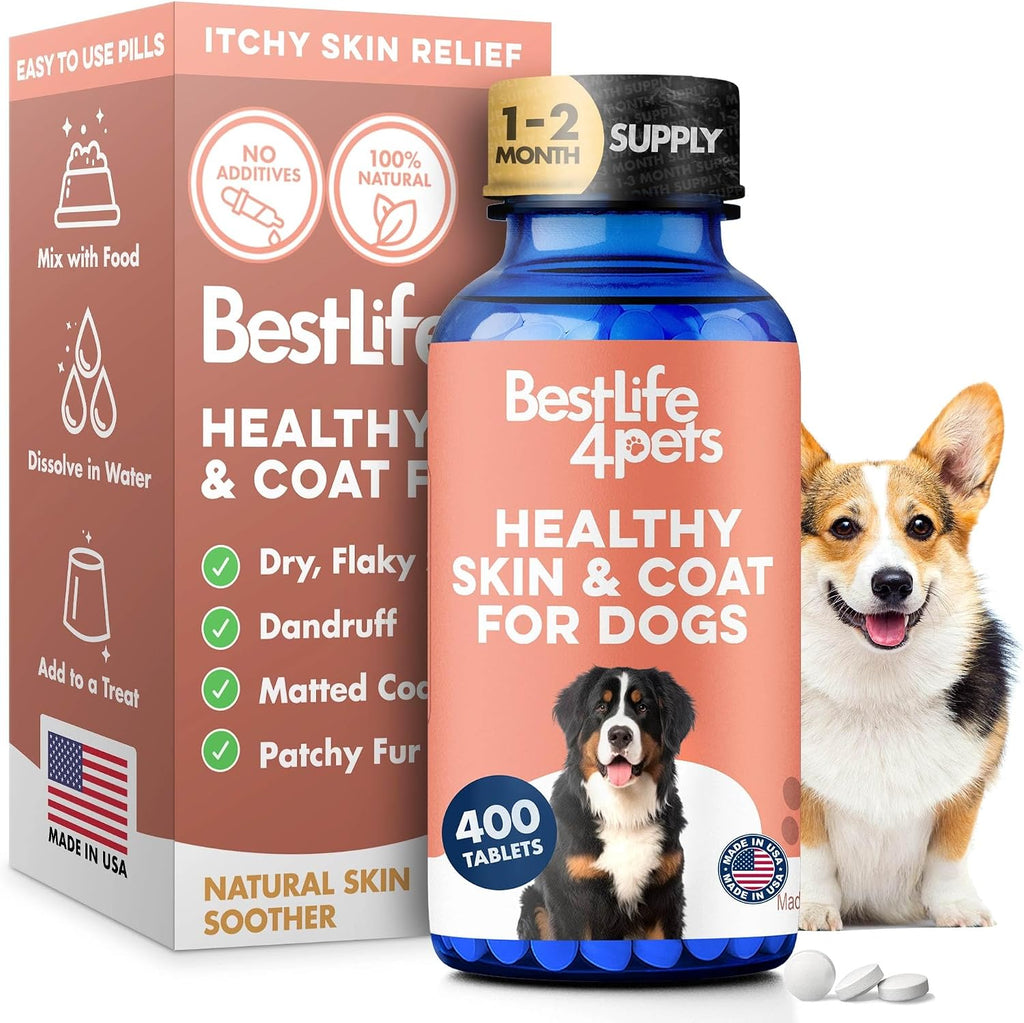 Suplemento Natural para la Piel y el Pelaje del Perro – Alivio Suave del Picor – 400 Comprimidos Pequeños Inodoros