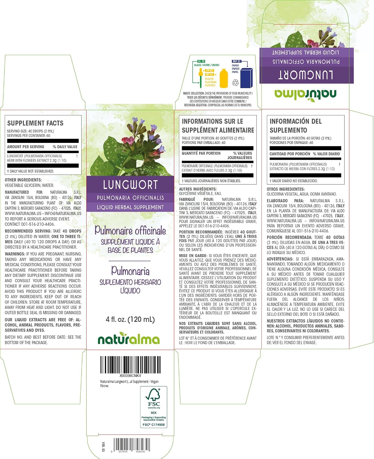 Naturalma Tintura de Pulmonaria (Pulmonaria officinalis) sin Alcohol - 120 ml