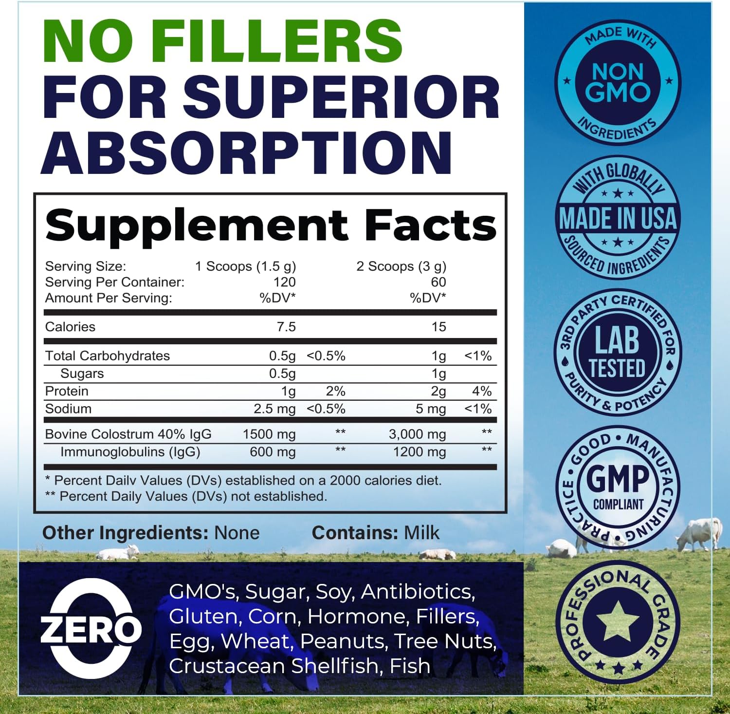Bovine Colostrum Powder Supplement (3000mg + 40% IgG + No Fillers) - Unflavored - Grass Fed - 60 Servings
