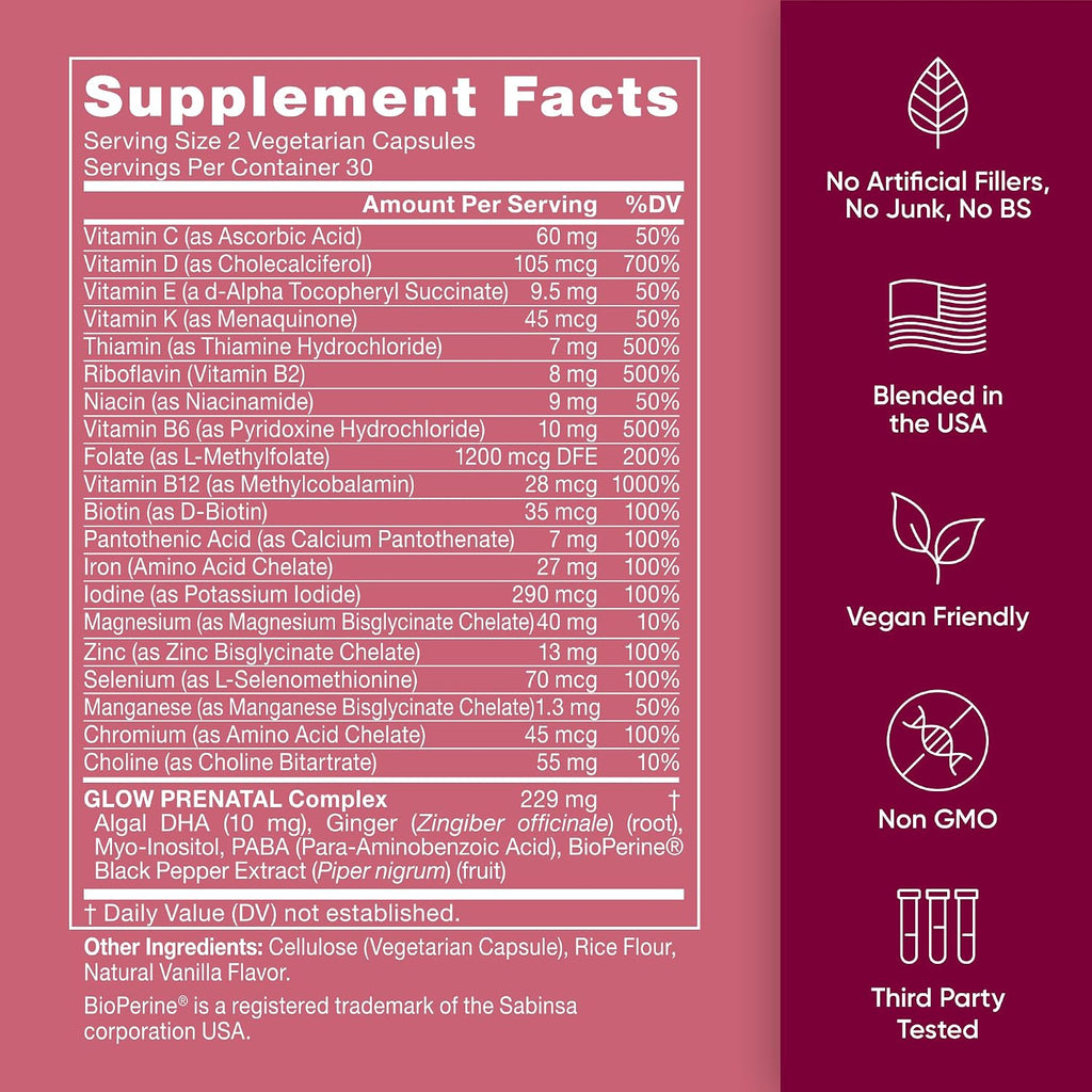 Eu Natural Glow Vitaminas Prenatales para Mujeres - Multivitamínico 20-en-1 con Folato y DHA Vegano - Apoya el Embarazo Saludable y el Desarrollo Fetal - 120 Cápsulas Vegetarianas