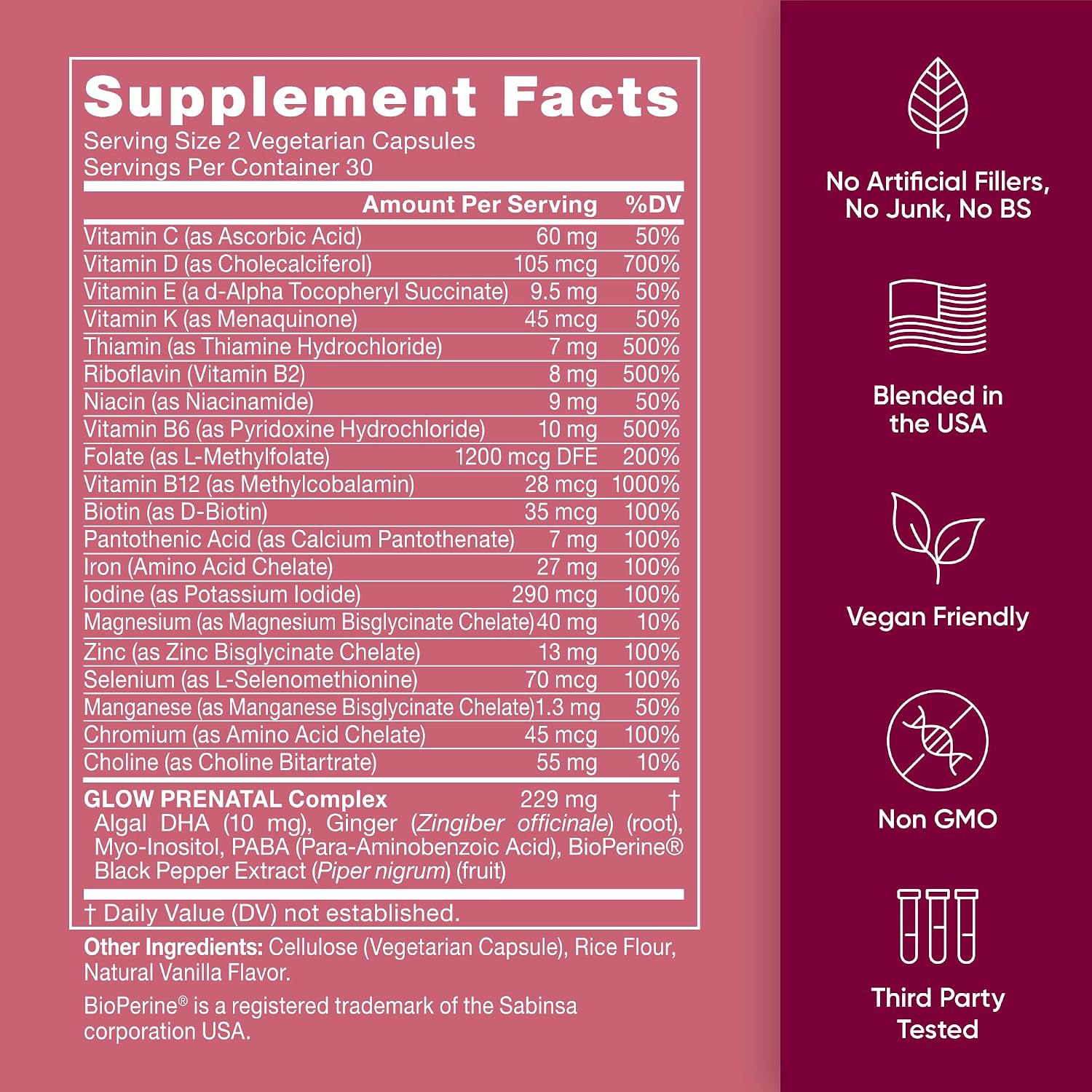 Eu Natural Glow Vitaminas Prenatales para Mujeres - Multivitamínico 20-en-1 con Folato y DHA Vegano - Apoya el Embarazo Saludable y el Desarrollo Fetal - 120 Cápsulas Vegetarianas