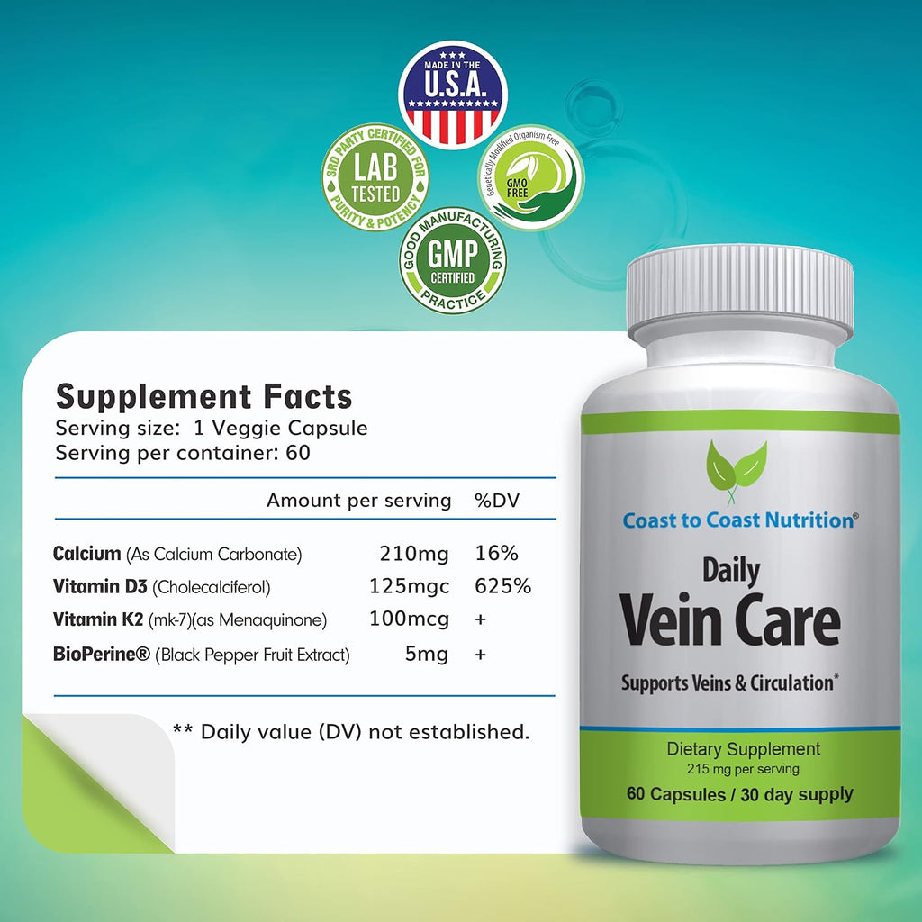 Daily Vein Care Supplement Capsules — Fórmula de Circulación con Calcio, Vitamina D3, Vitamina K2 y BioPerine para Máxima Absorción — 60 Cápsulas