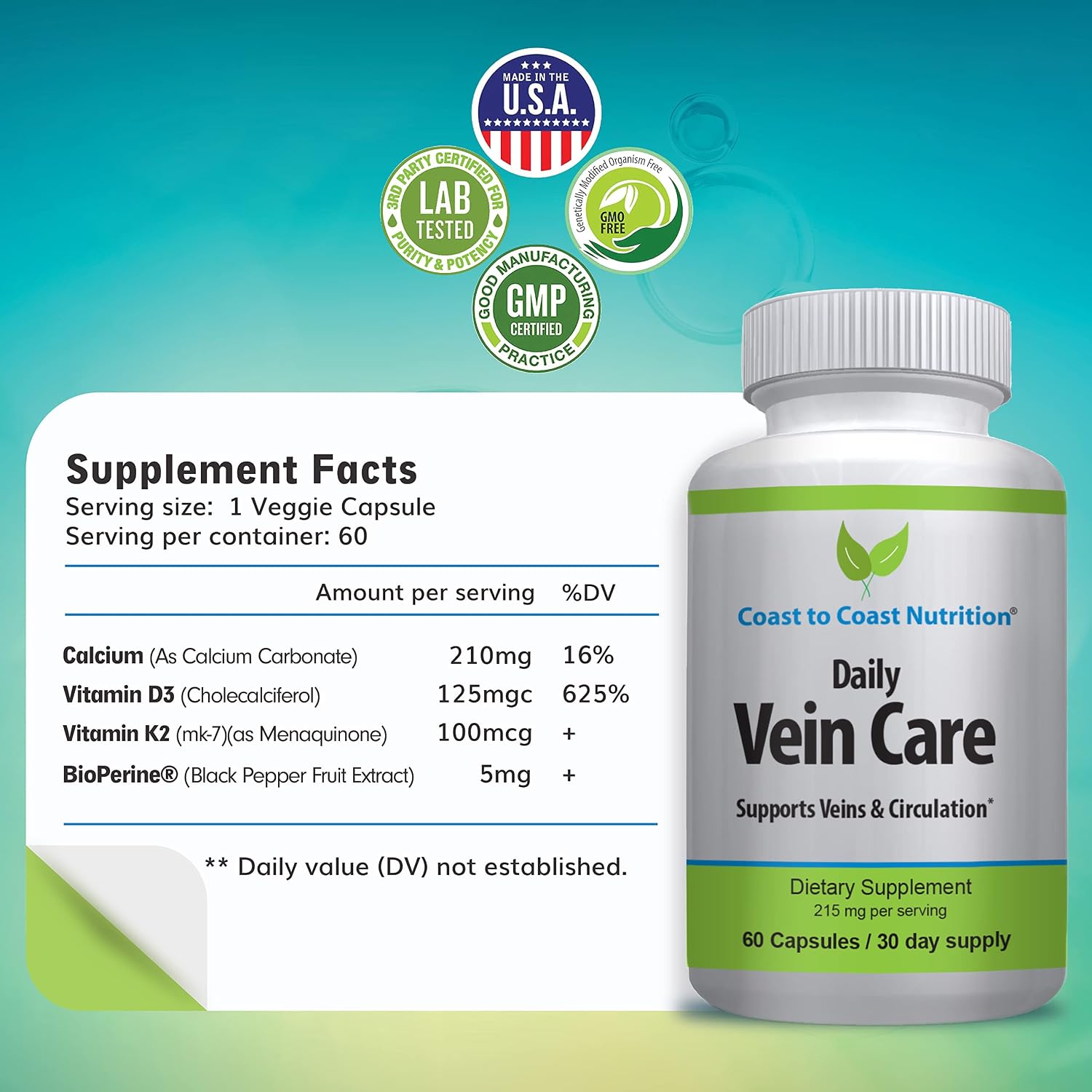Daily Vein Care Supplement Capsules — Fórmula de Circulación con Calcio, Vitamina D3, Vitamina K2 y BioPerine para Máxima Absorción — 60 Cápsulas
