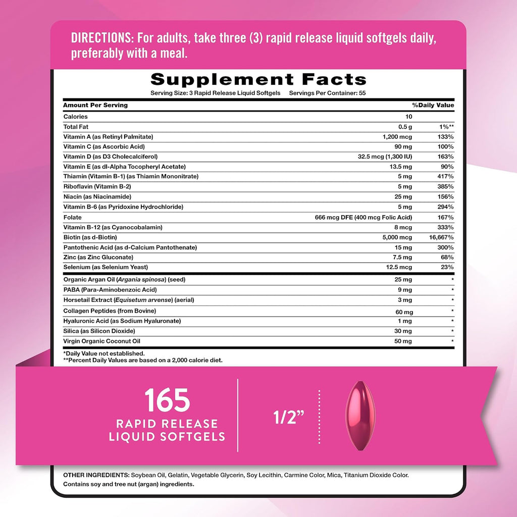 Nature's Truth Hair, Skin & Nails Vitamins | 5000 mcg Biotin | 165 Softgels | with Collagen