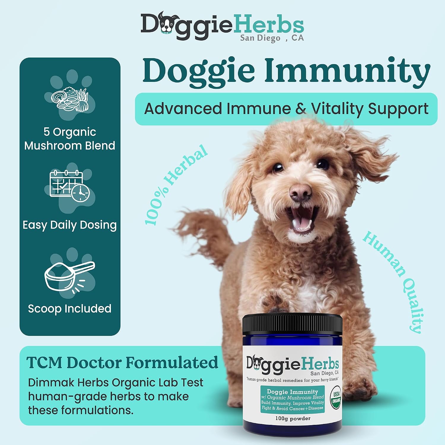 Doggie Herbs High Potency Immune Support – Fórmula de Cuidados Críticos con Setas Turkey Tail, Reishi y Hierbas TCM – Polvo Formulado por Doctor para Recuperación, Vitalidad y Salud Celular – 100g
