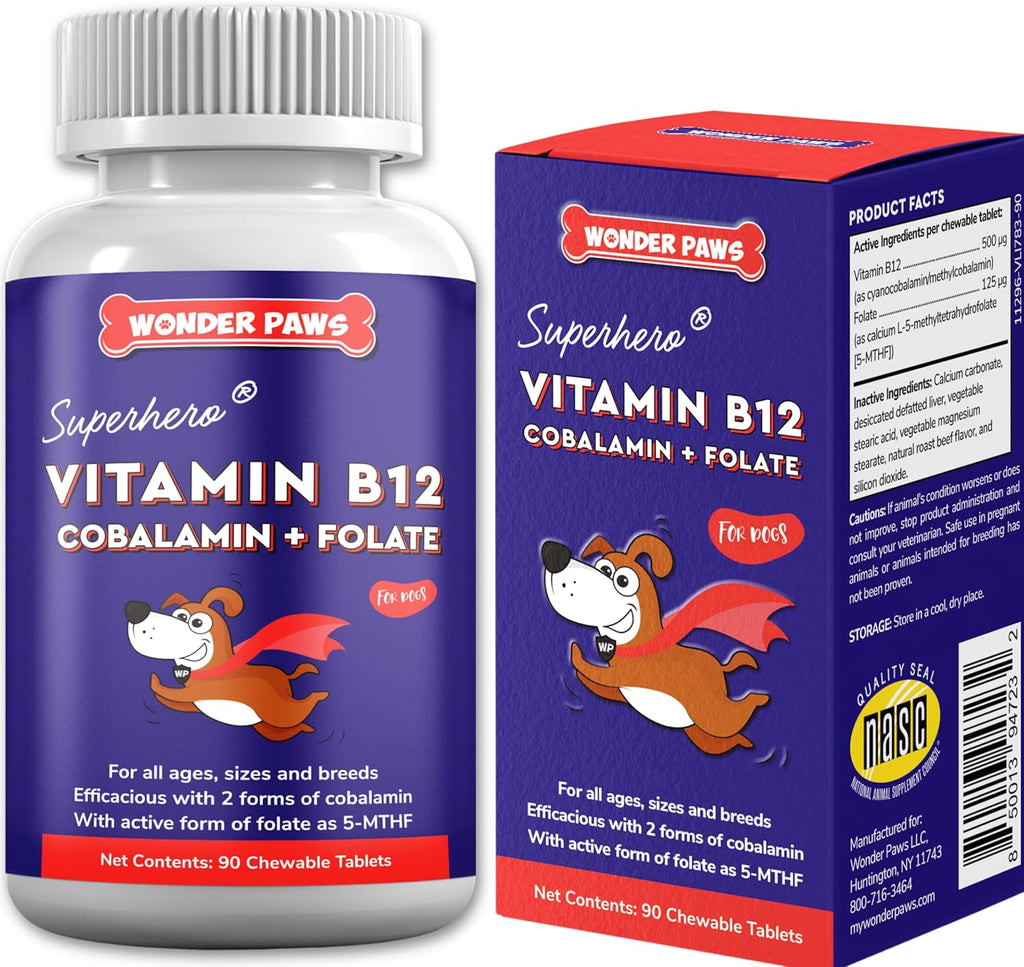 Suplemento de Vitamina B12 para Perros – B-12 para Todas las Edades, Tamaños y Razas – con Metilcobalamina, Cobalamina y Folato (5-MTHF) – 90 Comprimibles Sabor Carne
