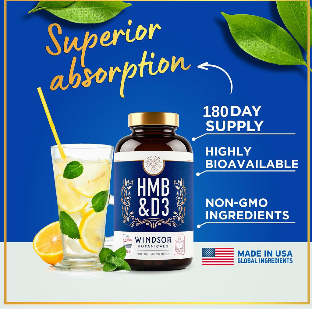 HMB y Vitamina D3 - Suplemento para Crecimiento Muscular, Fuerza, Rendimiento y Recuperación - B-Hidroxi B-Metilbutirato, D3 Más Calcio, 1.000 mg de HMB - 180 Días, 360 Cápsulas