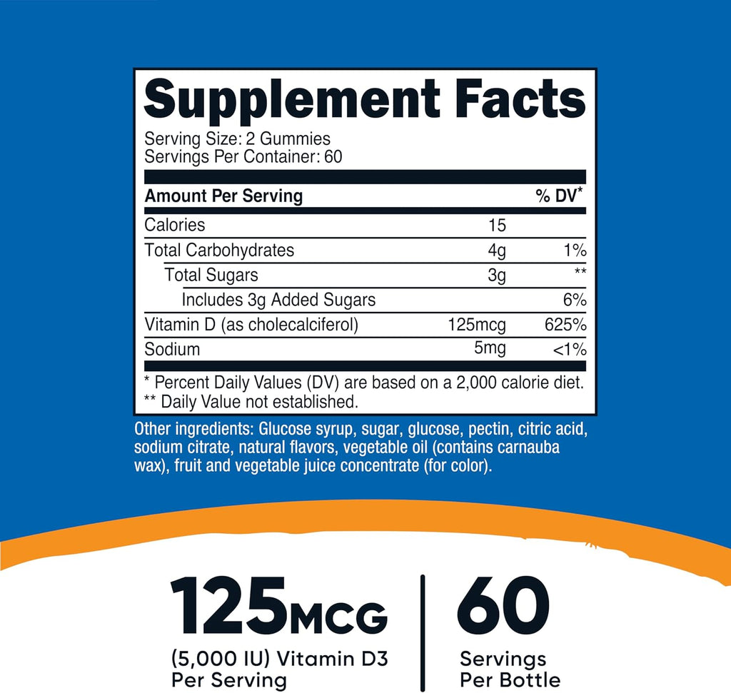 Nutricost Vitamina D3 Gummies 5,000 IU (125mcg), 120 Gominolas - Sabor Bayas Mixtas, 60 Dosis